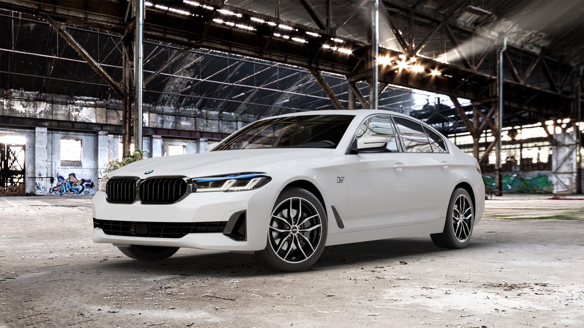 AUTEC Bavaris Schwarz poliert Felge mit Reifen in 18Zoll Winterfelge Alufelge auf weissem BMW 5er G30 Limousine (G5L) Facelift ⬇️ mit 15mm Tieferlegung ⬇️ Old Industrial Hall_max_5300mm_2024 Frontansicht_1