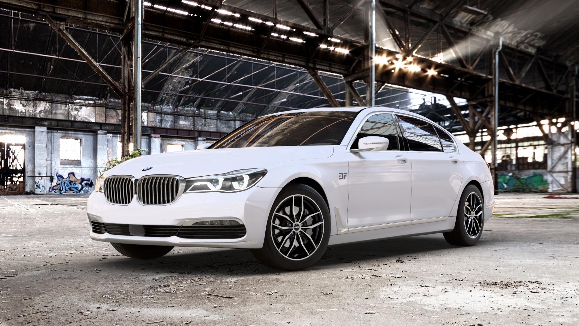 AUTEC Bavaris Schwarz poliert Felge mit Reifen in 18Zoll Winterfelge Alufelge auf weissem BMW 740Li Typ G12 750Li xDrive 730Ld 740Ld 740Le 730Li 750Ld 7er Limousine lang (7L) ⬇️ mit 15mm Tieferlegung ⬇️ Old Industrial Hall_max_5300mm_2024 Frontansicht_1