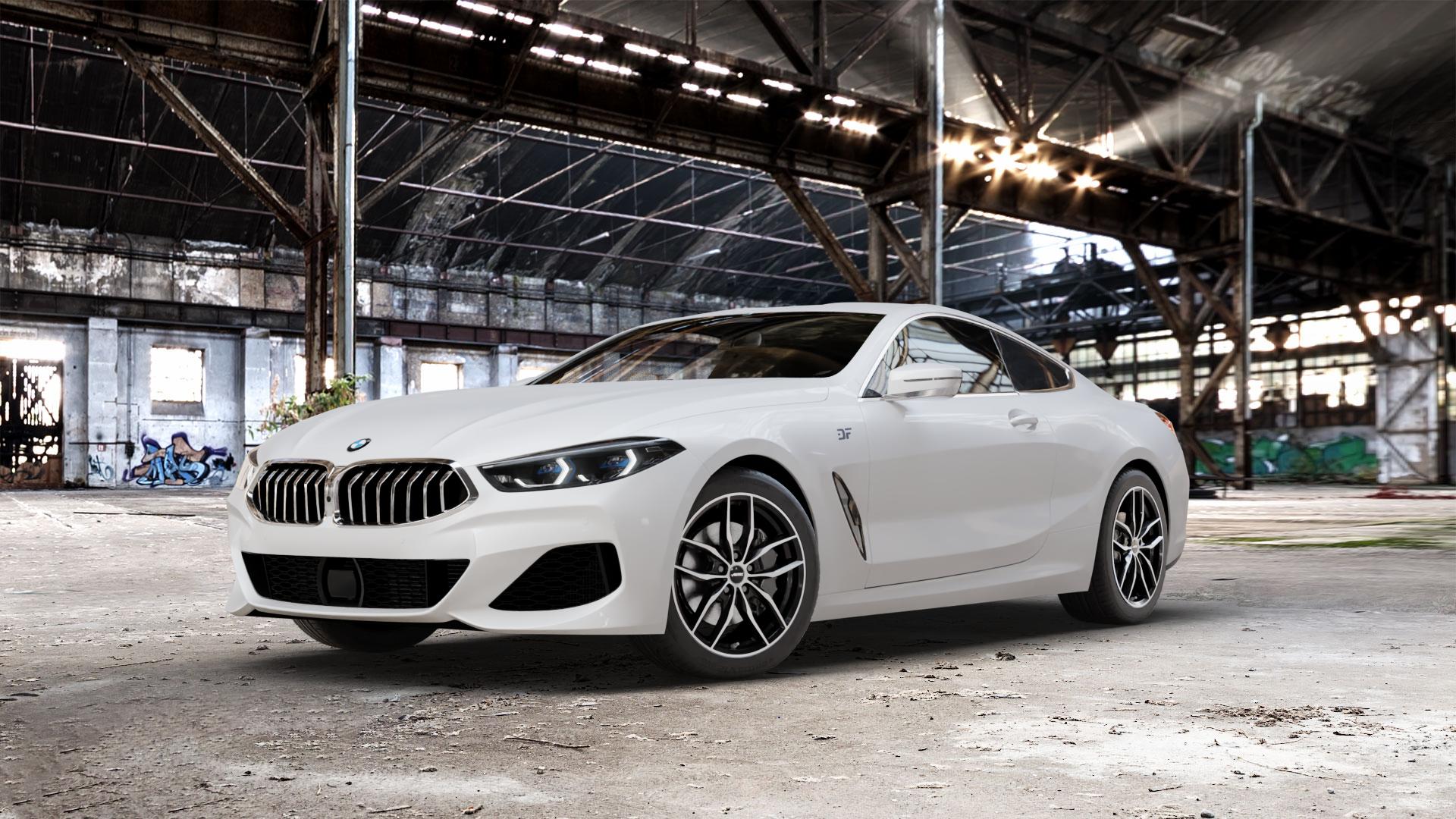 AUTEC Bavaris Schwarz poliert Felge mit Reifen in 18Zoll Winterfelge Alufelge auf weissem BMW 840d xDrive Typ G15 M850i 840i M8 F8CM (Coupe) 8er Coupé (G8C) ⬇️ mit 15mm Tieferlegung ⬇️ Old Industrial Hall_max_5300mm_2024 Frontansicht_1