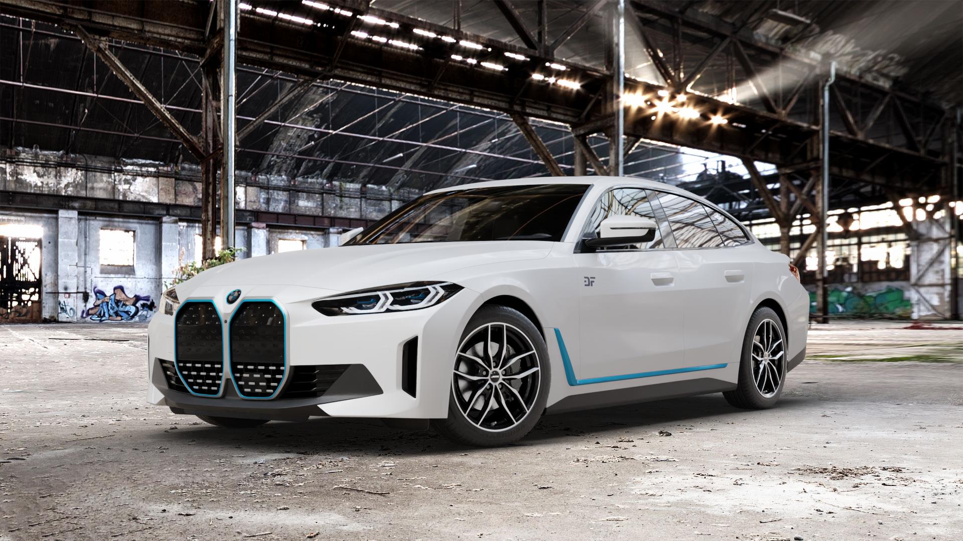 AUTEC Bavaris Schwarz poliert Felge mit Reifen in 18Zoll Winterfelge Alufelge auf weissem BMW i4 (G4C) ⬇️ mit 15mm Tieferlegung ⬇️ Old Industrial Hall_max_5300mm_2024 Frontansicht_1