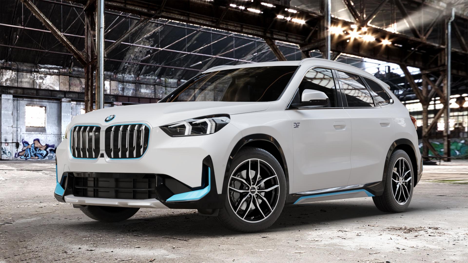 AUTEC Bavaris Schwarz poliert Felge mit Reifen in 18Zoll Winterfelge Alufelge auf weissem BMW iX1 (U1X) ⬇️ mit 15mm Tieferlegung ⬇️ Old Industrial Hall_max_4400mm_2024 Frontansicht_1