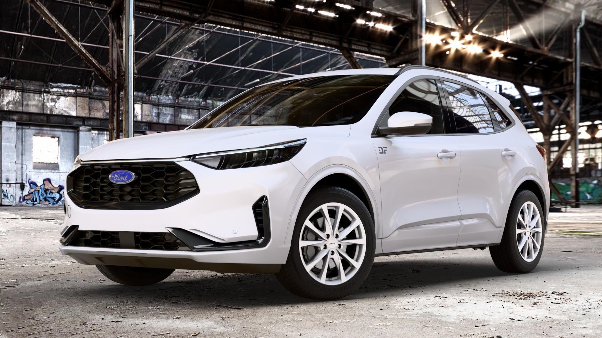 AUTEC Brixen Brillantsilber Felge mit Reifen in 18Zoll Winterfelge Alufelge auf weissem Ford Kuga III Typ DFK Facelift ⬇️ mit 15mm Tieferlegung ⬇️ Old Industrial Hall_max_4400mm_2024 Frontansicht_1