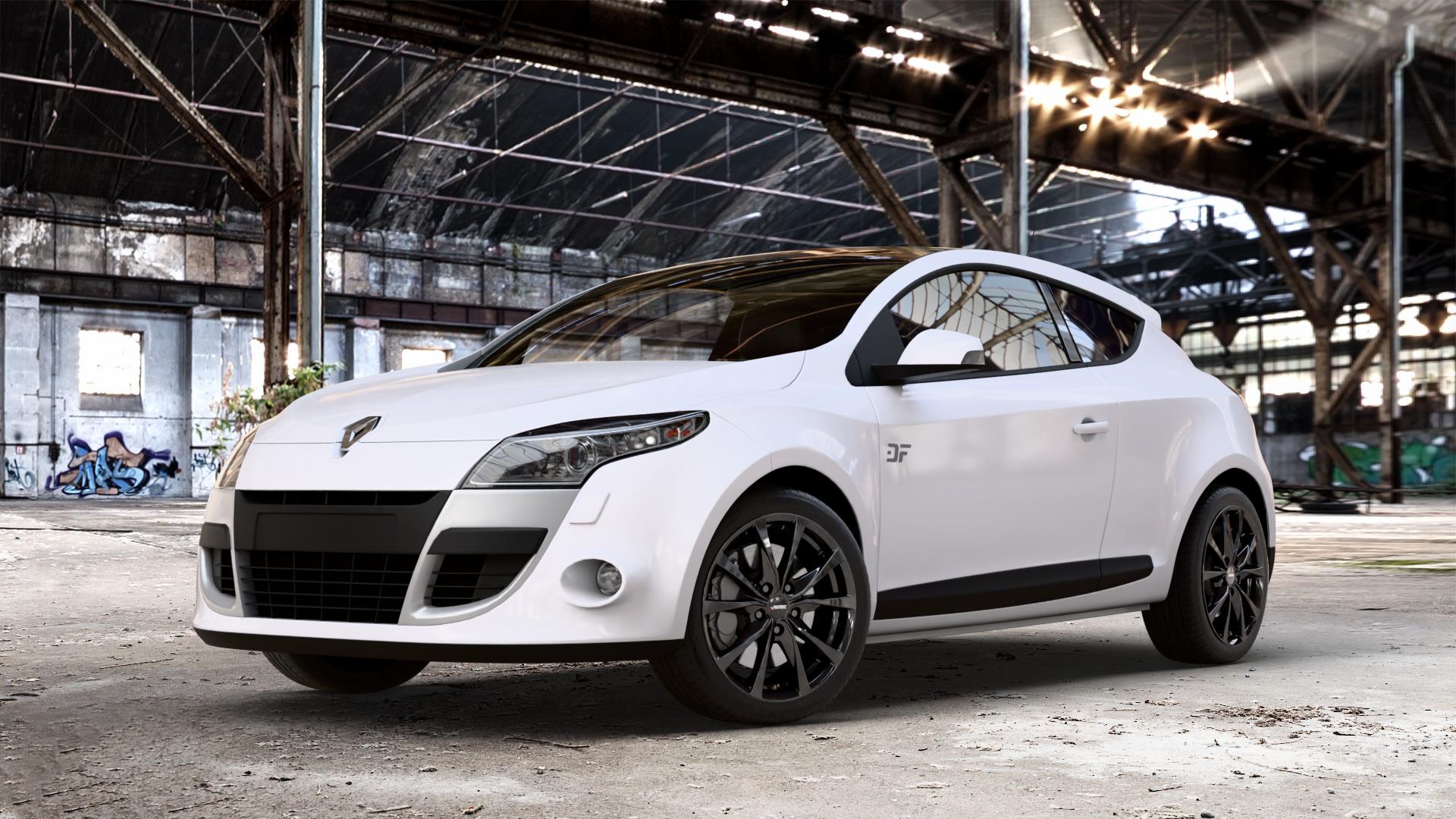 AUTEC Brixen Schwarz Felge mit Reifen in 17Zoll Winterfelge Alufelge auf weissem Renault Megane III Coupé Typ Z ⬇️ mit 15mm Tieferlegung ⬇️ Old Industrial Hall_max_4400mm_2024 Frontansicht_1