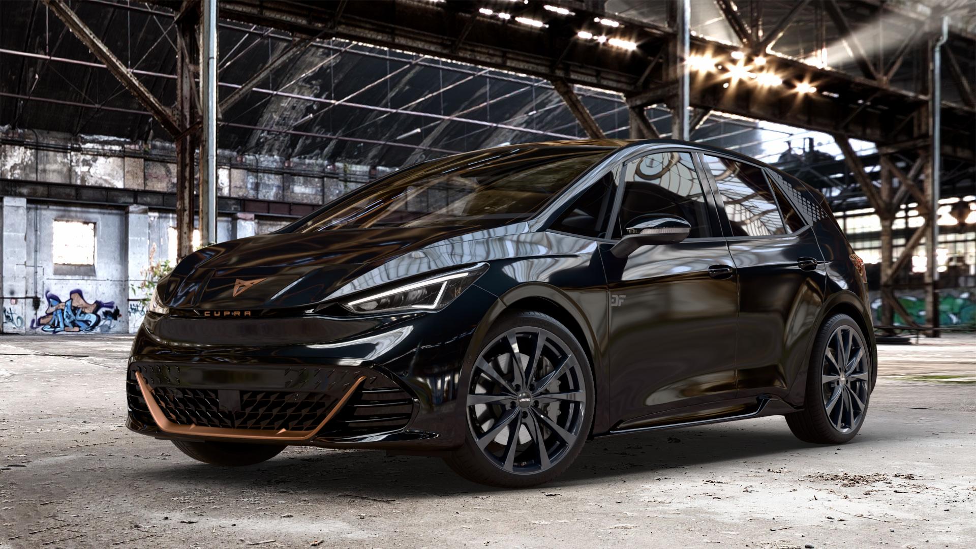 AUTEC Brixen Schwarz Felge mit Reifen in 20Zoll Winterfelge Alufelge auf metallic schwarzem Cupra Born Typ K1 ⬇️ mit 15mm Tieferlegung ⬇️ Old Industrial Hall_max_4400mm_2024 Frontansicht_1