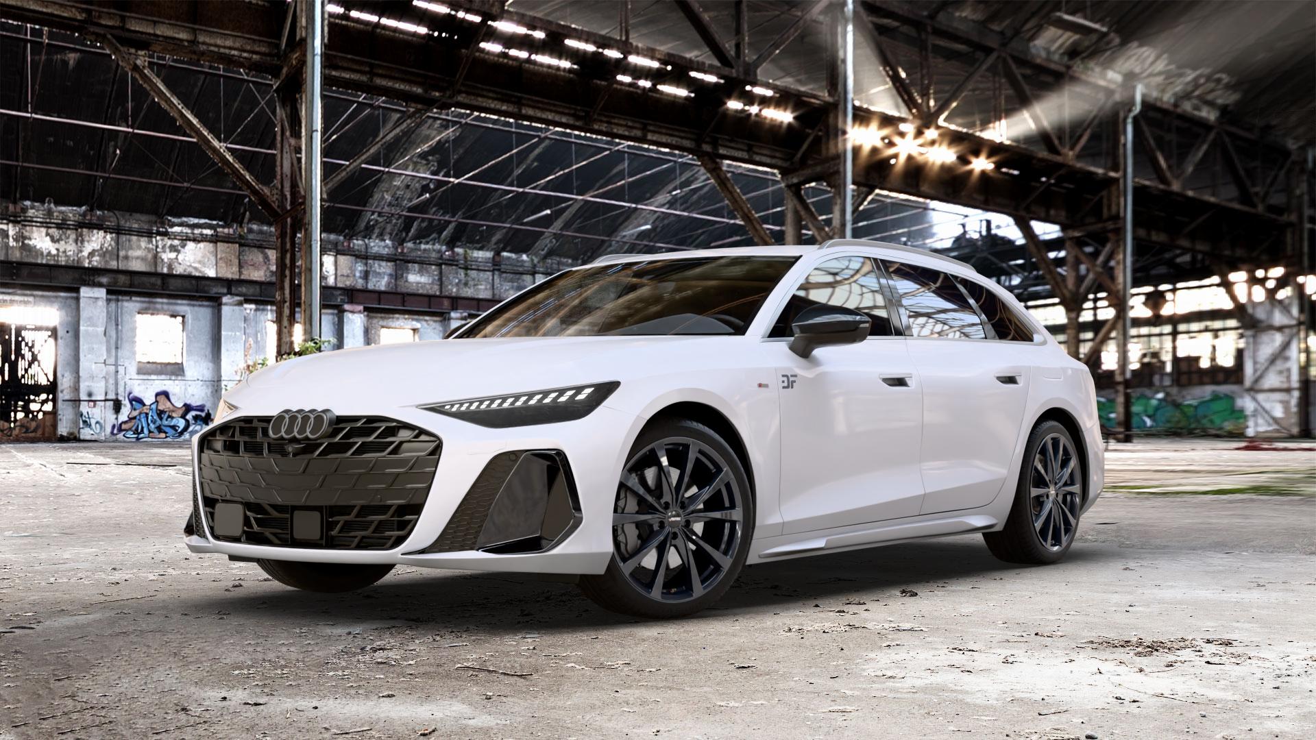 AUTEC Brixen Schwarz Felge mit Reifen in 20Zoll Winterfelge Alufelge auf weissem Audi A6 Typ F2/C9 (Avant) ⬇️ mit 15mm Tieferlegung ⬇️ Old Industrial Hall_max_5300mm_2024 Frontansicht_1