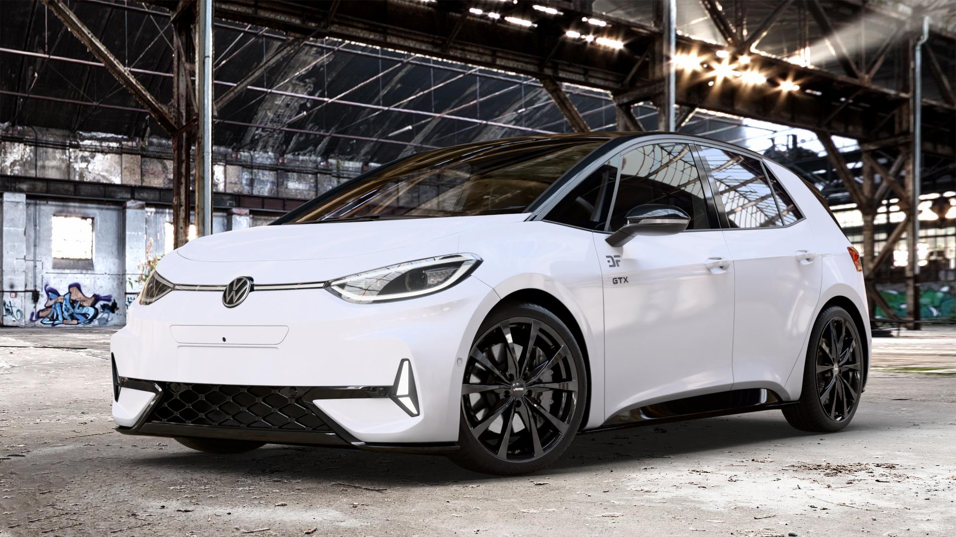 AUTEC Brixen Schwarz Felge mit Reifen in 20Zoll Winterfelge Alufelge auf weissem Volkswagen (VW) ID.3 GTX 0,0l 89kW (210 KW) (121 PS) Performance (240 ⬇️ mit 15mm Tieferlegung ⬇️ Old Industrial Hall_max_4400mm_2024 Frontansicht_1