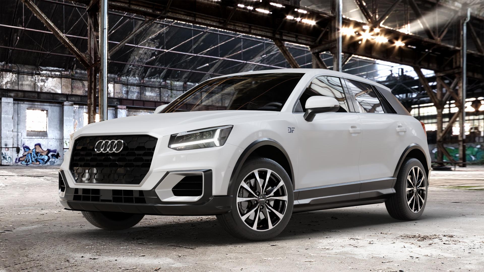 AUTEC Brixen Schwarz poliert Felge mit Reifen in 17Zoll Winterfelge Alufelge auf weissem Audi Q2 Typ GA ⬇️ mit 15mm Tieferlegung ⬇️ Old Industrial Hall_max_4400mm_2024 Frontansicht_1