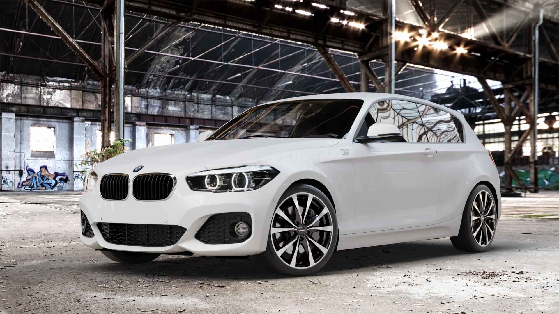 AUTEC Brixen Schwarz poliert Felge mit Reifen in 18Zoll Winterfelge Alufelge auf weissem BMW 1 M135i Typ F20 F21 xDrive M140i Facelift 1er Fünftürer (1K4) ⬇️ mit 15mm Tieferlegung ⬇️ Old Industrial Hall_max_4400mm_2024 Frontansicht_1