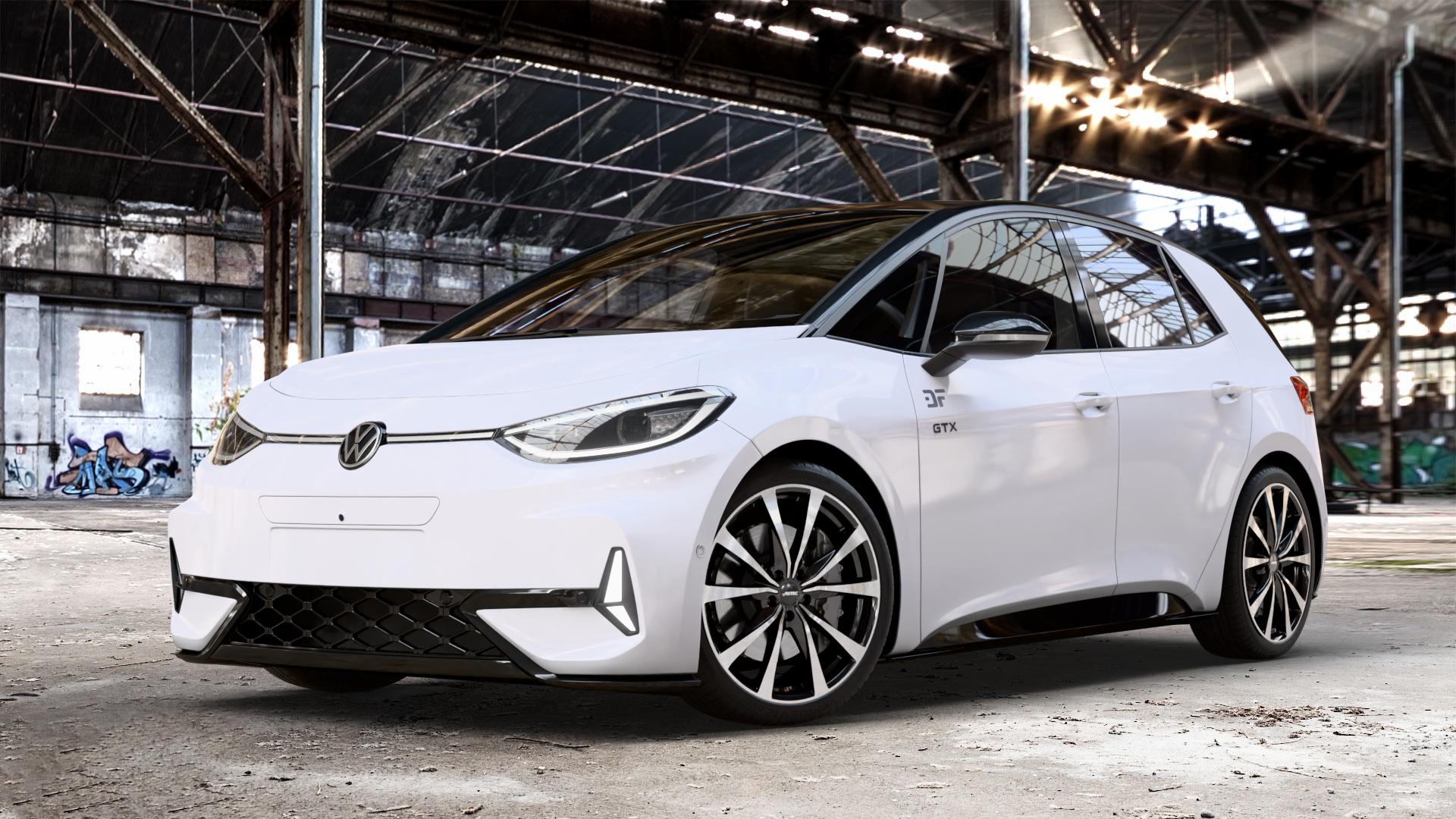 AUTEC Brixen Schwarz poliert Felge mit Reifen in 20Zoll Winterfelge Alufelge auf weissem Volkswagen (VW) ID.3 GTX 0,0l 89kW (210 KW) (121 PS) Performance (240 ⬇️ mit 15mm Tieferlegung ⬇️ Old Industrial Hall_max_4400mm_2024 Frontansicht_1