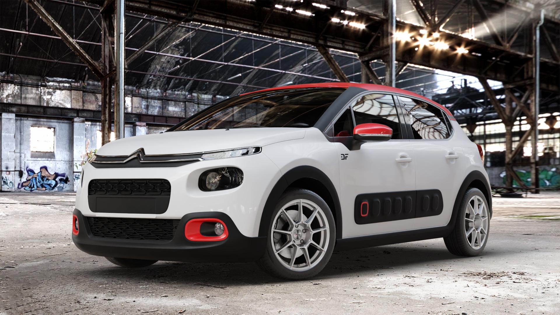 AUTEC ClubRacing Hyper silber Felge mit Reifen in 17Zoll Winterfelge Alufelge auf weissem Citroen C3 III ⬇️ mit 15mm Tieferlegung ⬇️ Old Industrial Hall_max_4400mm_2024 Frontansicht_1