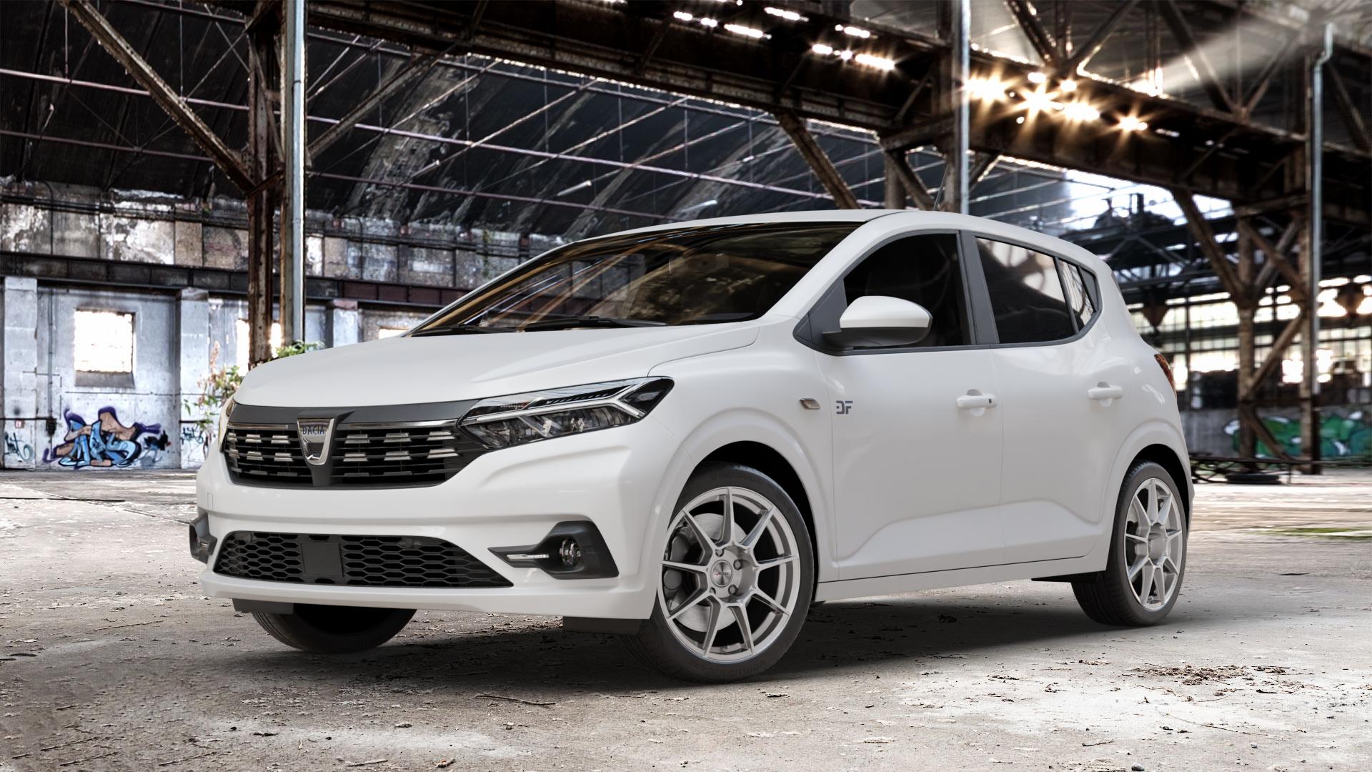 AUTEC ClubRacing Hyper silber Felge mit Reifen in 17Zoll Winterfelge Alufelge auf weissem Dacia Sandero III Typ DJF ⬇️ mit 15mm Tieferlegung ⬇️ Old Industrial Hall_max_4400mm_2024 Frontansicht_1