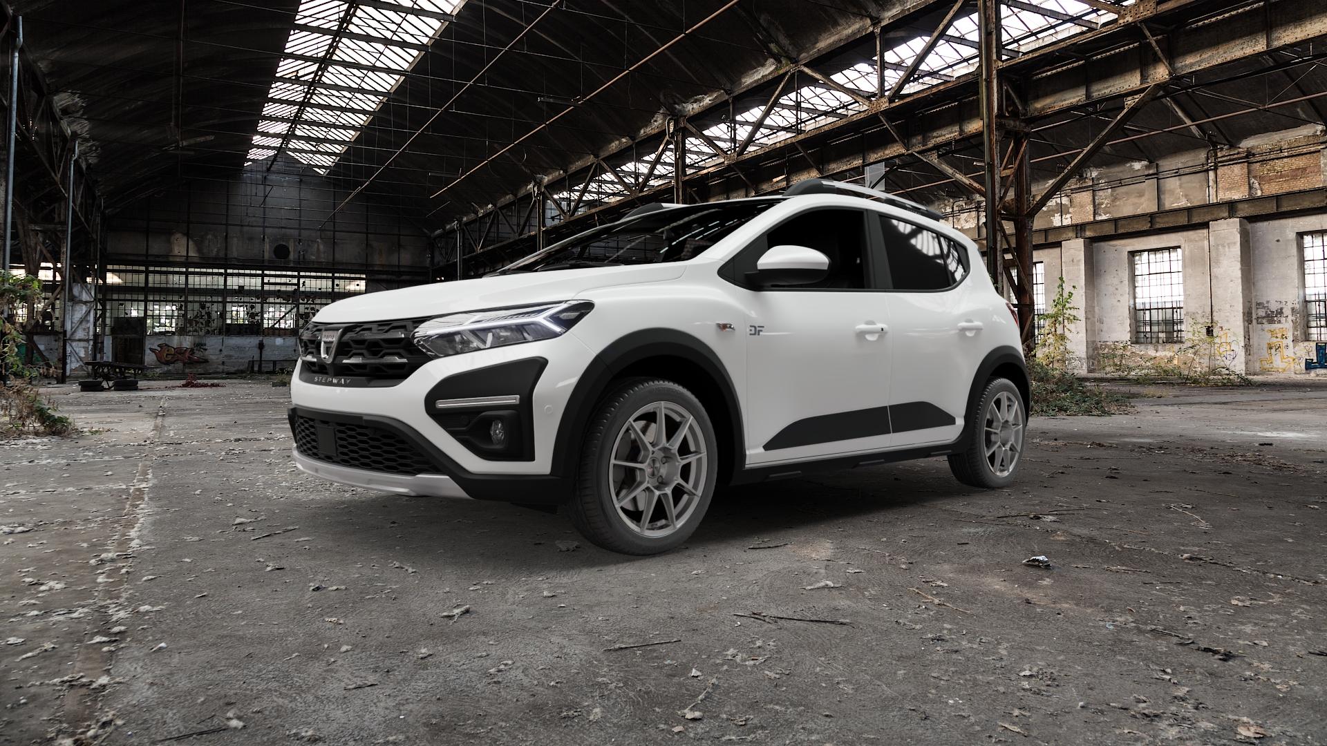 AUTEC ClubRacing Hyper silber Felge mit Reifen in 17Zoll Winterfelge Alufelge auf weissem Dacia Sandero Stepway III Typ DJF ⬇️ mit 15mm Tieferlegung ⬇️ Old Industrial Hall_max5000mm_2022 Frontansicht_1