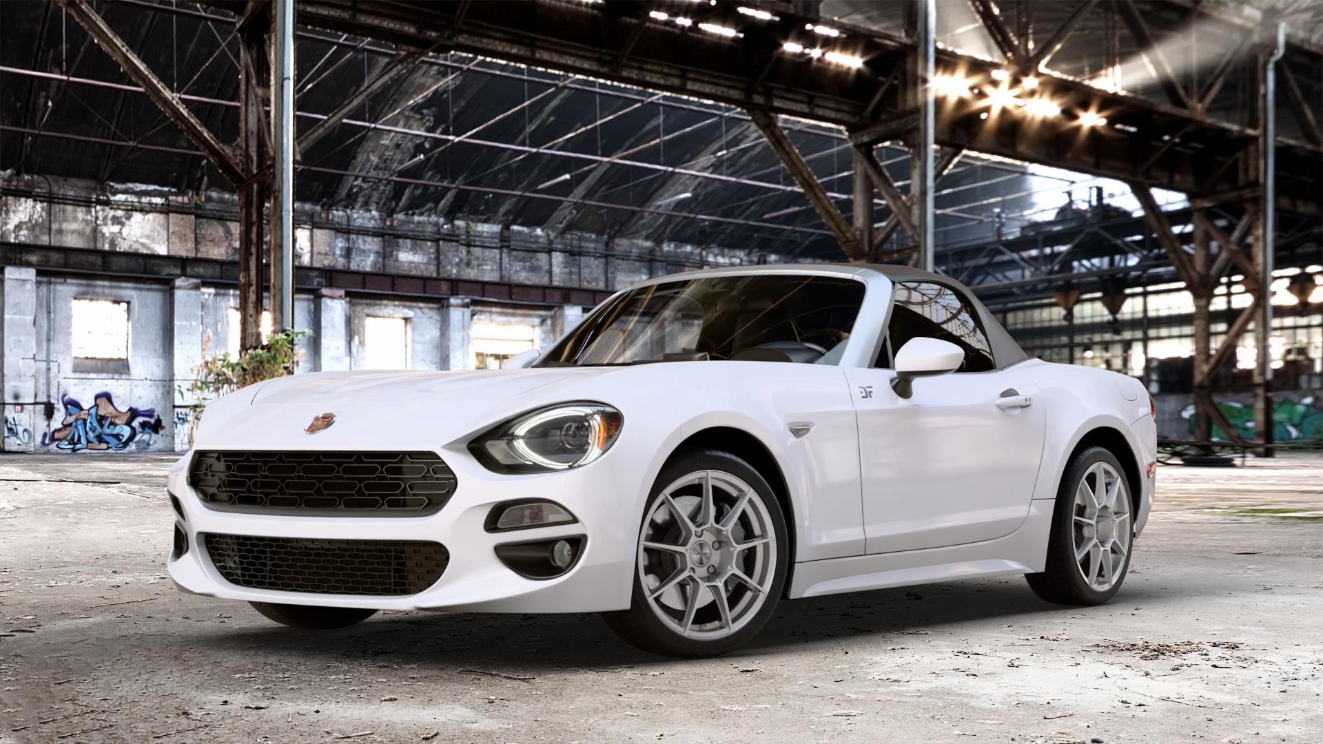 AUTEC ClubRacing Hyper silber Felge mit Reifen in 17Zoll Winterfelge Alufelge auf weissem Fiat 124 Spider Typ NF ⬇️ mit 15mm Tieferlegung ⬇️ Old Industrial Hall_max_4400mm_2024 Frontansicht_1