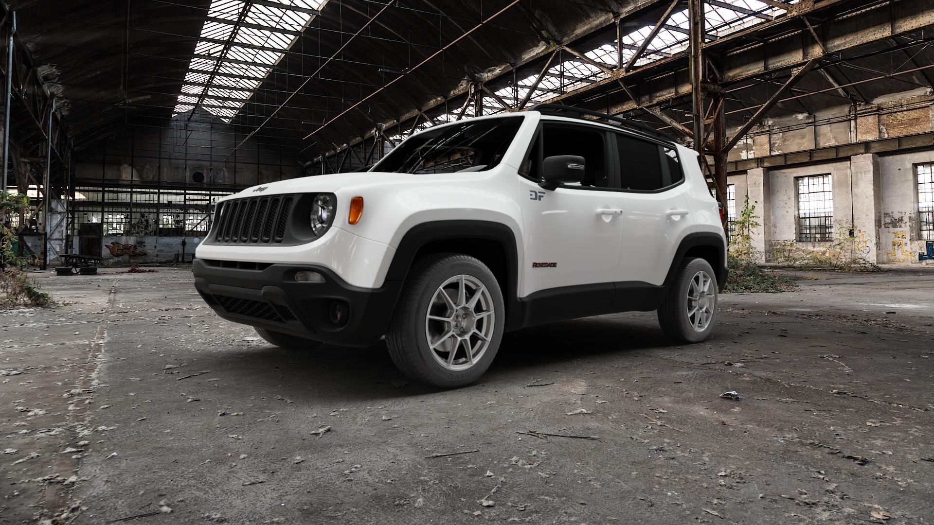 AUTEC ClubRacing Hyper silber Felge mit Reifen in 17Zoll Winterfelge Alufelge auf weissem Jeep Renegade Typ BU ⬇️ mit 15mm Tieferlegung ⬇️ Old Industrial Hall_max5000mm_2022 Frontansicht_1
