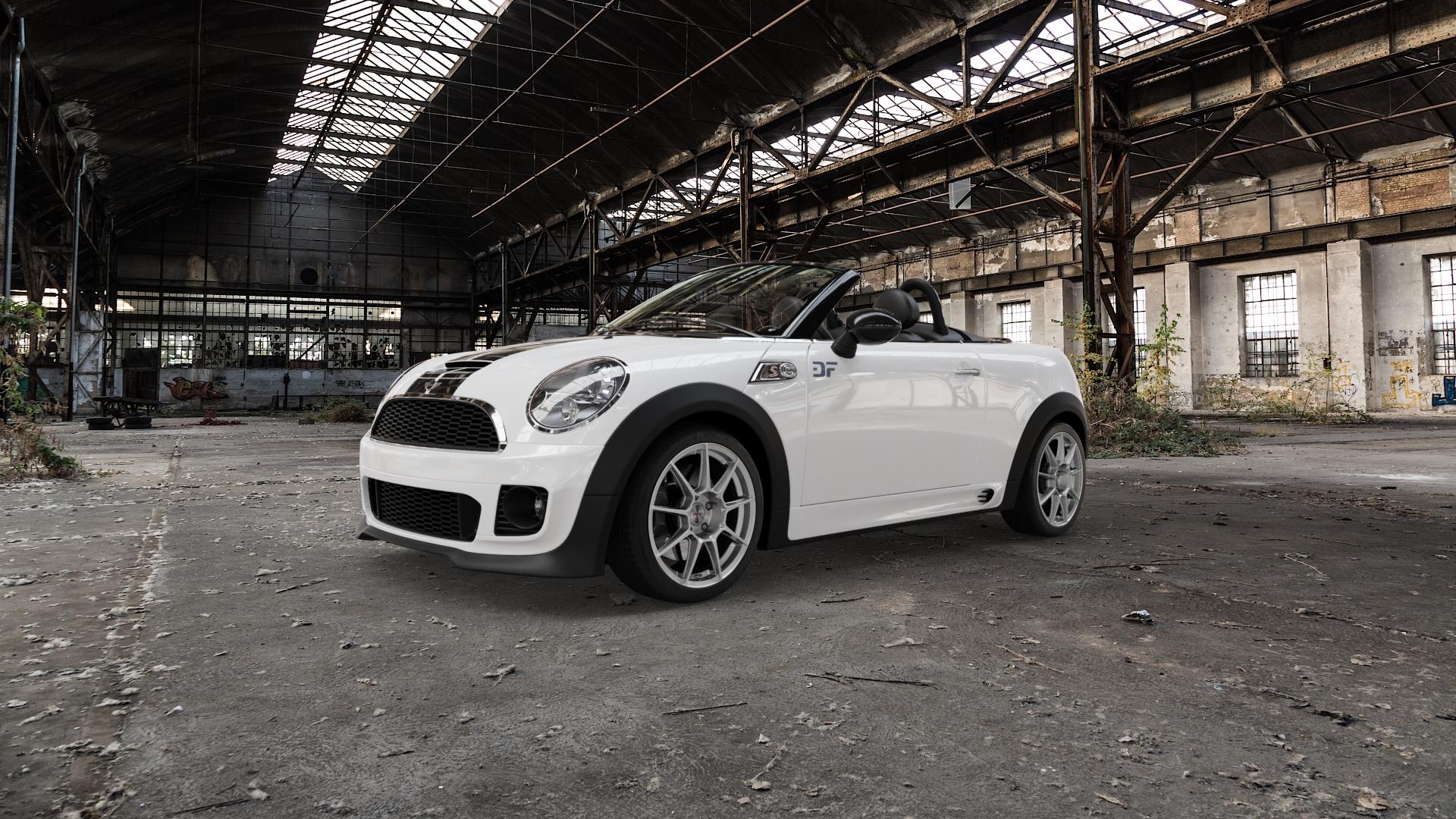 AUTEC ClubRacing Hyper silber Felge mit Reifen in 17Zoll Winterfelge Alufelge auf weissem Mini R59 Typ UKL-C (Roadster) ⬇️ mit 15mm Tieferlegung ⬇️ Old Industrial Hall_max5000mm_2022 Frontansicht_1