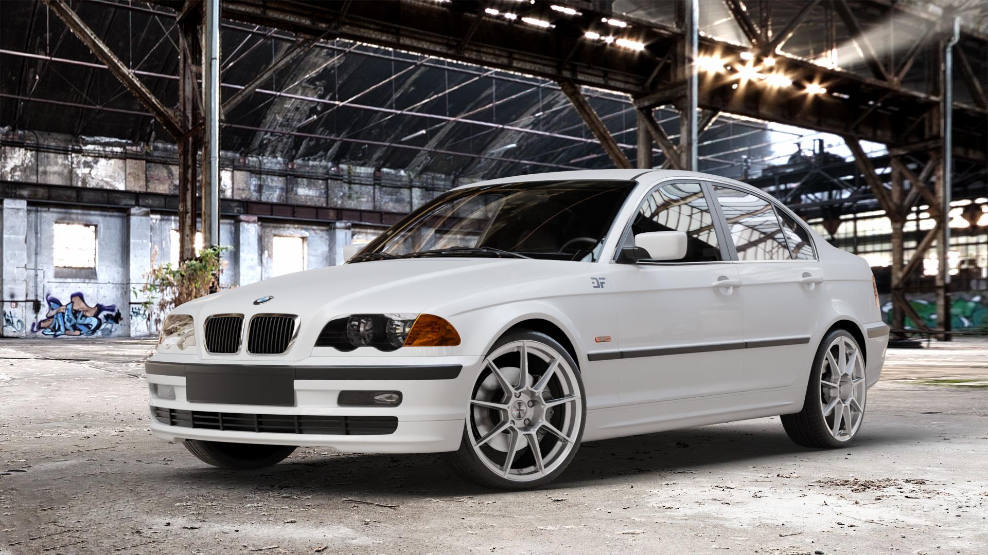 AUTEC ClubRacing Hyper silber Felge mit Reifen in 19Zoll Winterfelge Alufelge auf weissem BMW 316i Typ E46 (Limousine) 318i 320i 323i 328i 325i 330d 330xd 330i 318d 320d 325xi 330xi 3er Limousine (346) ⬇️ mit 15mm Tieferlegung ⬇️ Old Industrial Hall_max_4400mm_2024 Frontansicht_1