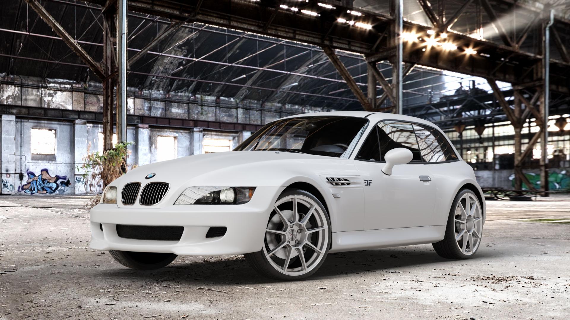 AUTEC ClubRacing Hyper silber Felge mit Reifen in 19Zoll Winterfelge Alufelge auf weissem BMW Z3 Coupé Typ E36/8(S) (R/C) ⬇️ mit 15mm Tieferlegung ⬇️ Old Industrial Hall_max_4400mm_2024 Frontansicht_1