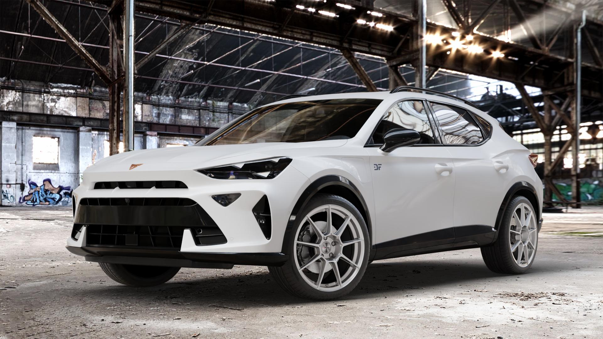 AUTEC ClubRacing Hyper silber Felge mit Reifen in 19Zoll Winterfelge Alufelge auf weissem Cupra Formentor Typ KM Facelift ⬇️ mit 15mm Tieferlegung ⬇️ Old Industrial Hall_max_4400mm_2024 Frontansicht_1