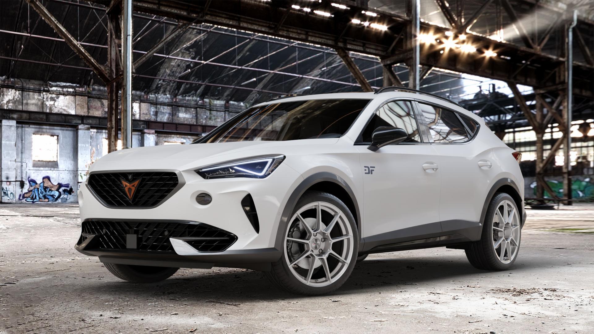 AUTEC ClubRacing Hyper silber Felge mit Reifen in 19Zoll Winterfelge Alufelge auf weissem Cupra Formentor Typ KM ⬇️ mit 15mm Tieferlegung ⬇️ Old Industrial Hall_max_4400mm_2024 Frontansicht_1