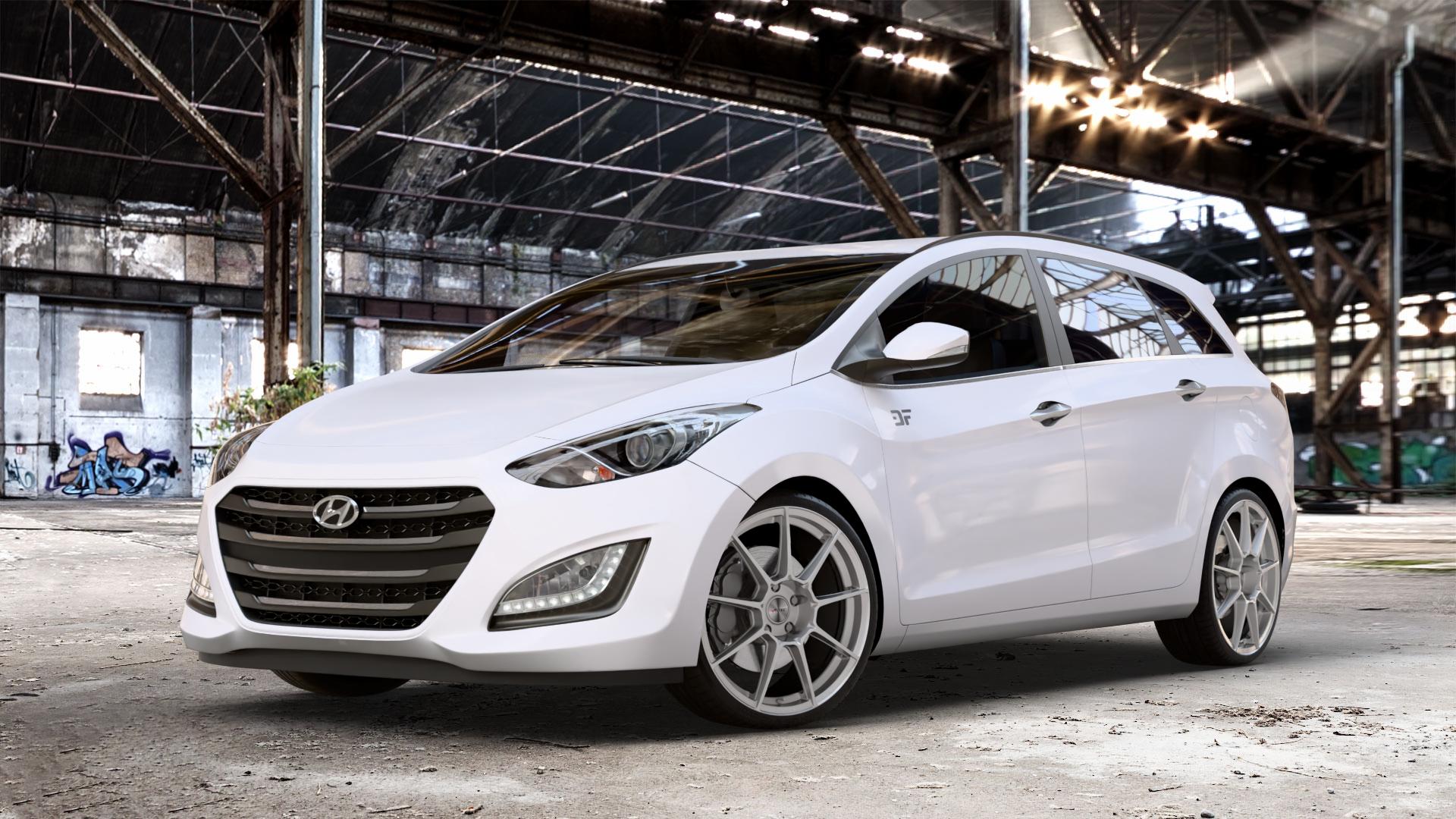 AUTEC ClubRacing Hyper silber Felge mit Reifen in 19Zoll Winterfelge Alufelge auf weissem Hyundai i30 Typ FDH Kombi GDH Facelift ⬇️ mit 15mm Tieferlegung ⬇️ Old Industrial Hall_max_4400mm_2024 Frontansicht_1