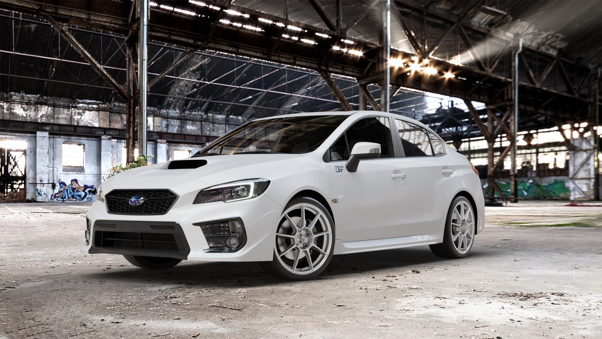 AUTEC ClubRacing Hyper silber Felge mit Reifen in 19Zoll Winterfelge Alufelge auf weissem Subaru WRX Typ V1 Model 2018 ⬇️ mit 15mm Tieferlegung ⬇️ Old Industrial Hall_max_5300mm_2024 Frontansicht_1