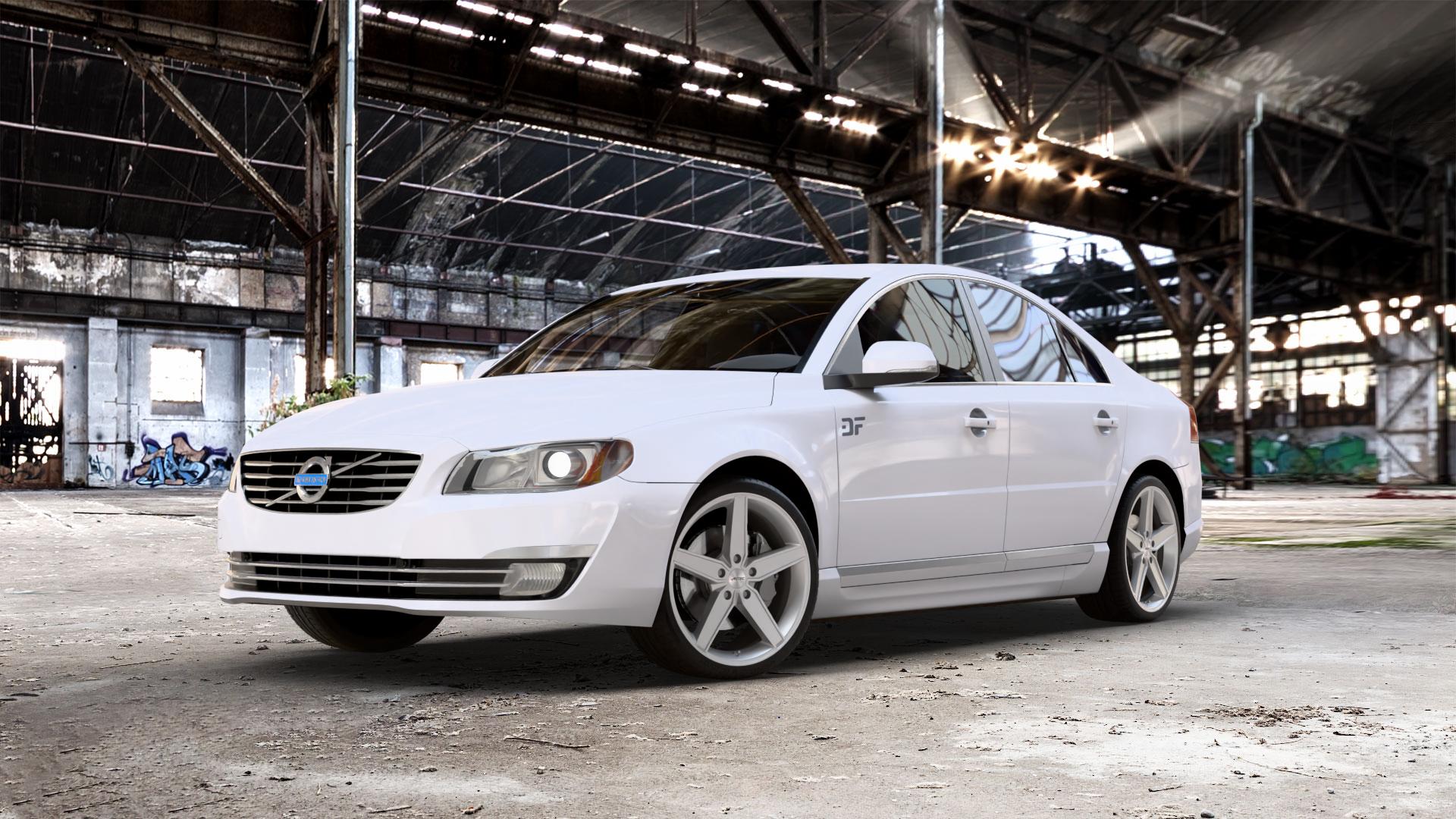 AUTEC Delano Hyper silber Felge mit Reifen in 19Zoll Winterfelge Alufelge auf weissem Volvo S80 II Typ A ⬇️ mit 15mm Tieferlegung ⬇️ Old Industrial Hall_max_5300mm_2024 Frontansicht_1