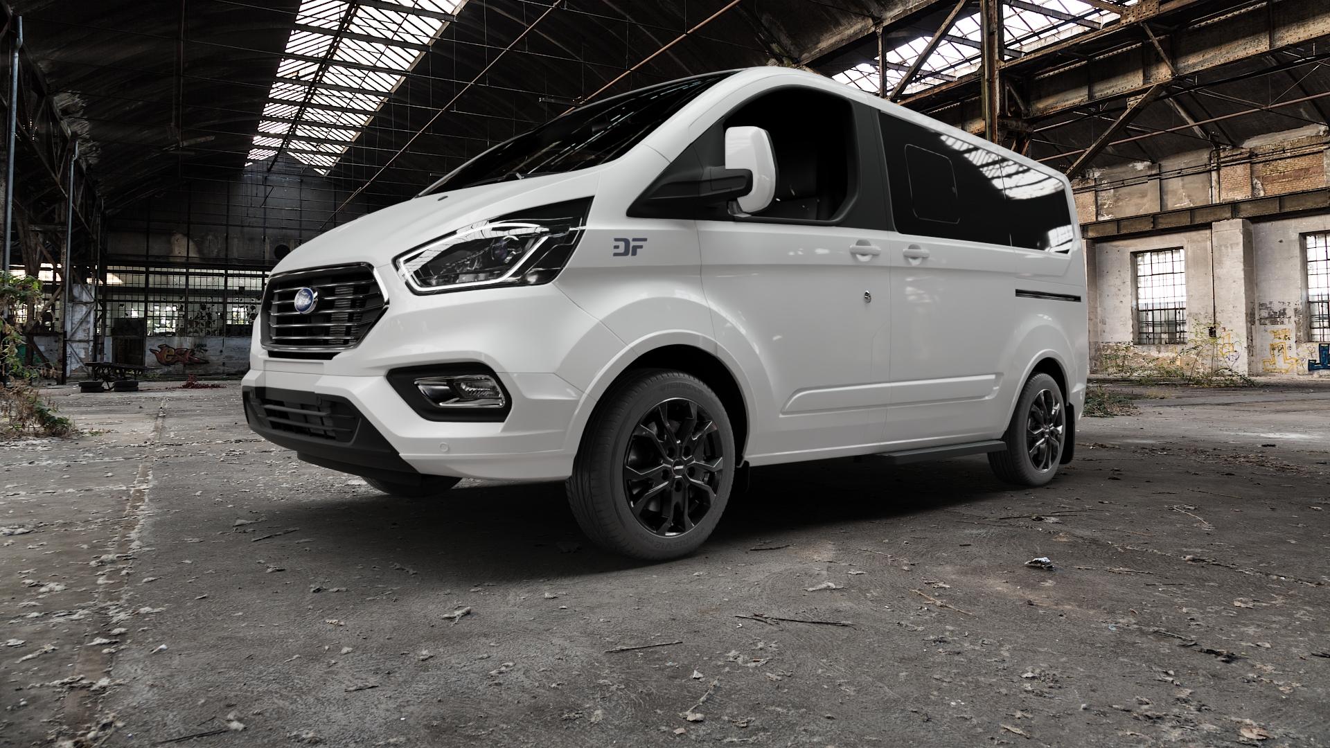 AUTEC Kiso Schwarz Felge mit Reifen in 17Zoll Winterfelge Alufelge auf weissem Ford Tourneo Custom Typ FAC Facelift (19->) ⬇️ mit 15mm Tieferlegung ⬇️ Old Industrial Hall_max5000mm_2022 Frontansicht_1