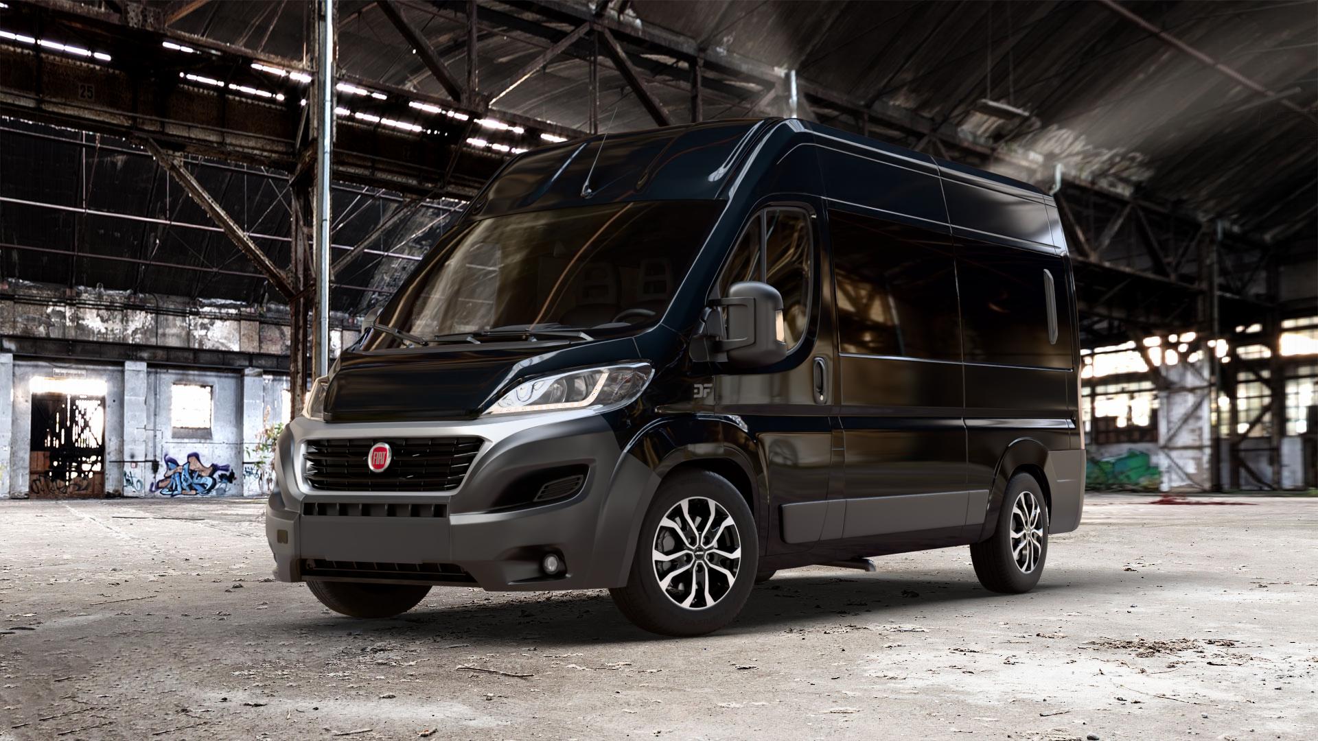 AUTEC Kiso Schwarz poliert Felge mit Reifen in 17Zoll Winterfelge Alufelge auf schwarzem metallic Fiat Ducato Bus Typ 250 Facelift ⬇️ mit 15mm Tieferlegung ⬇️ Old Industrial Hall_max_7000mm_2024 Frontansicht_1