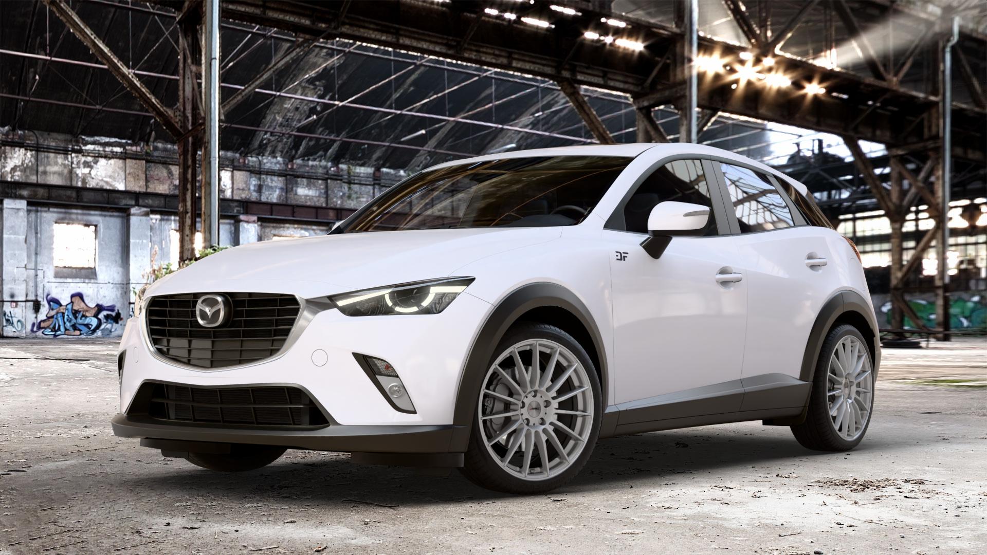 AUTEC Lamera Hyper silber Felge mit Reifen in 19Zoll Winterfelge Alufelge auf weissem Mazda CX-3 Typ DJ1 Facelift ⬇️ mit 15mm Tieferlegung ⬇️ Old Industrial Hall_max_4400mm_2024 Frontansicht_1