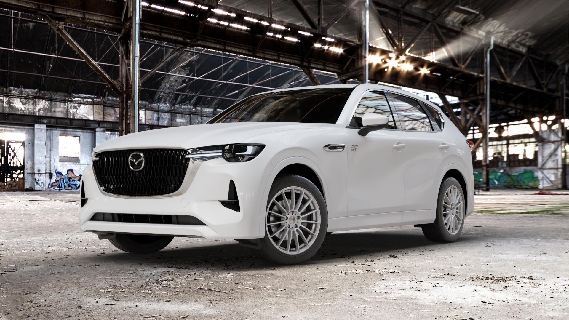 AUTEC Lamera Hyper silber Felge mit Reifen in 19Zoll Winterfelge Alufelge auf weissem Mazda CX-60 Typ KH01 CX ⬇️ mit 15mm Tieferlegung ⬇️ Old Industrial Hall_max_5300mm_2024 Frontansicht_1