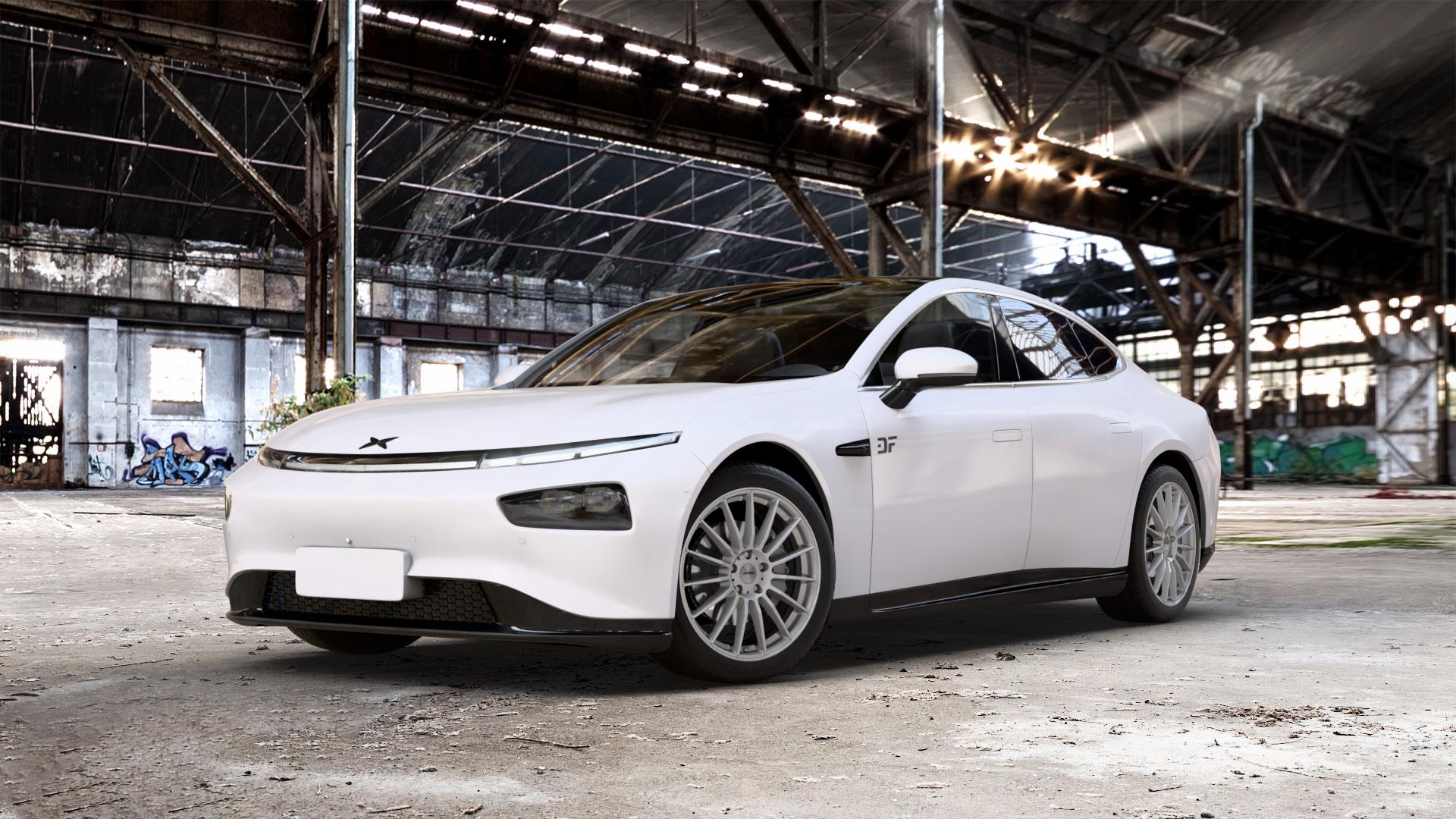 AUTEC Lamera Hyper silber Felge mit Reifen in 19Zoll Winterfelge Alufelge auf weissem Xpeng P7 Typ P7B 0,0l 80kW (109 PS) 100kW AWD (136 124kW (169 ⬇️ mit 15mm Tieferlegung ⬇️ Old Industrial Hall_max_5300mm_2024 Frontansicht_1