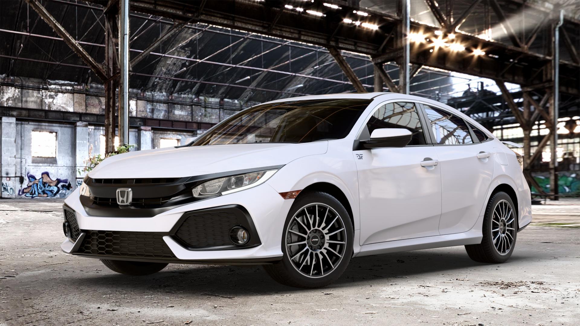 AUTEC Lamera Schwarz matt poliert Felge mit Reifen in 17Zoll Alufelge auf weissem Honda Civic 10 Stufenheck (FC) ⬇️ mit 15mm Tieferlegung ⬇️ Old Industrial Hall_max_4400mm_2024 Frontansicht_1