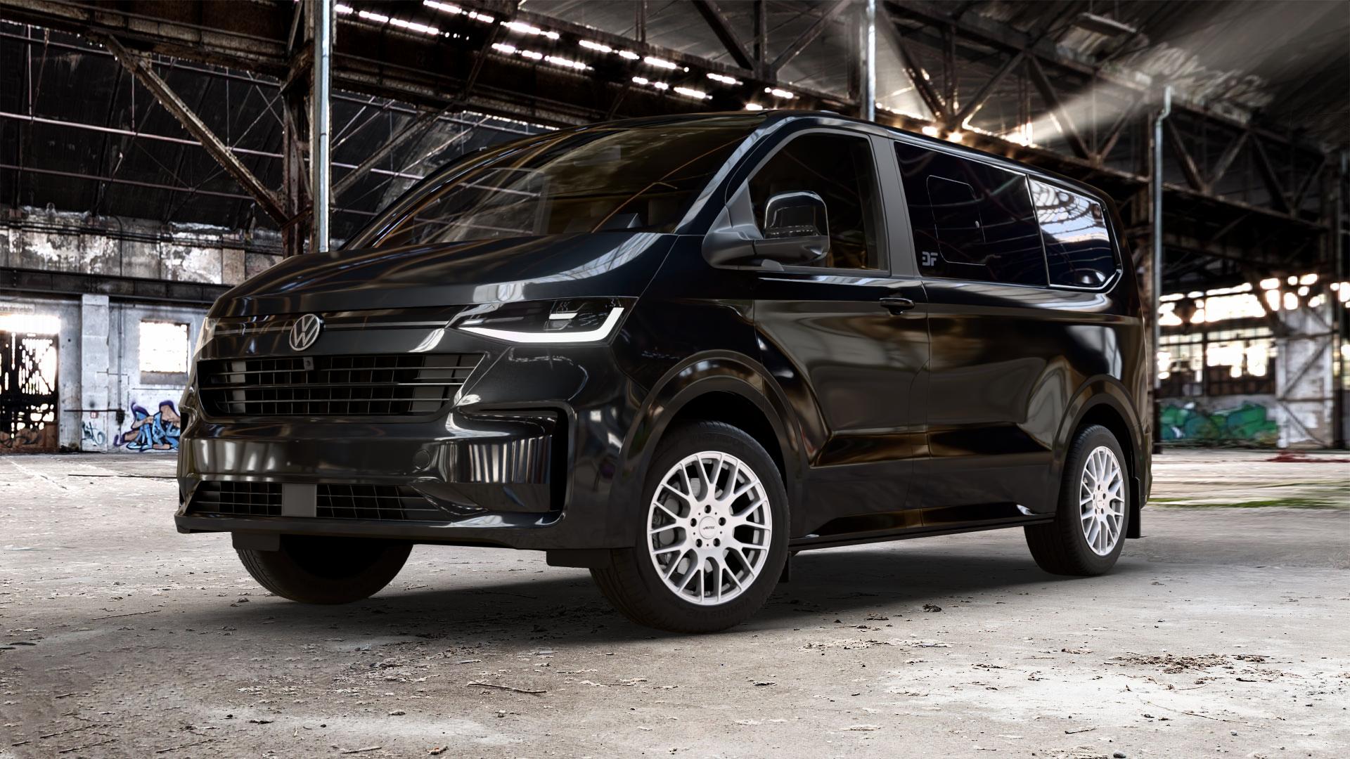 AUTEC Nimah Brillantsilber Felge mit Reifen in 18Zoll Winterfelge Alufelge auf schwarzem Volkswagen (VW) T7 Caravelle ⬇️ mit 15mm Tieferlegung ⬇️ Old Industrial Hall_max_5300mm_2024 Frontansicht_1