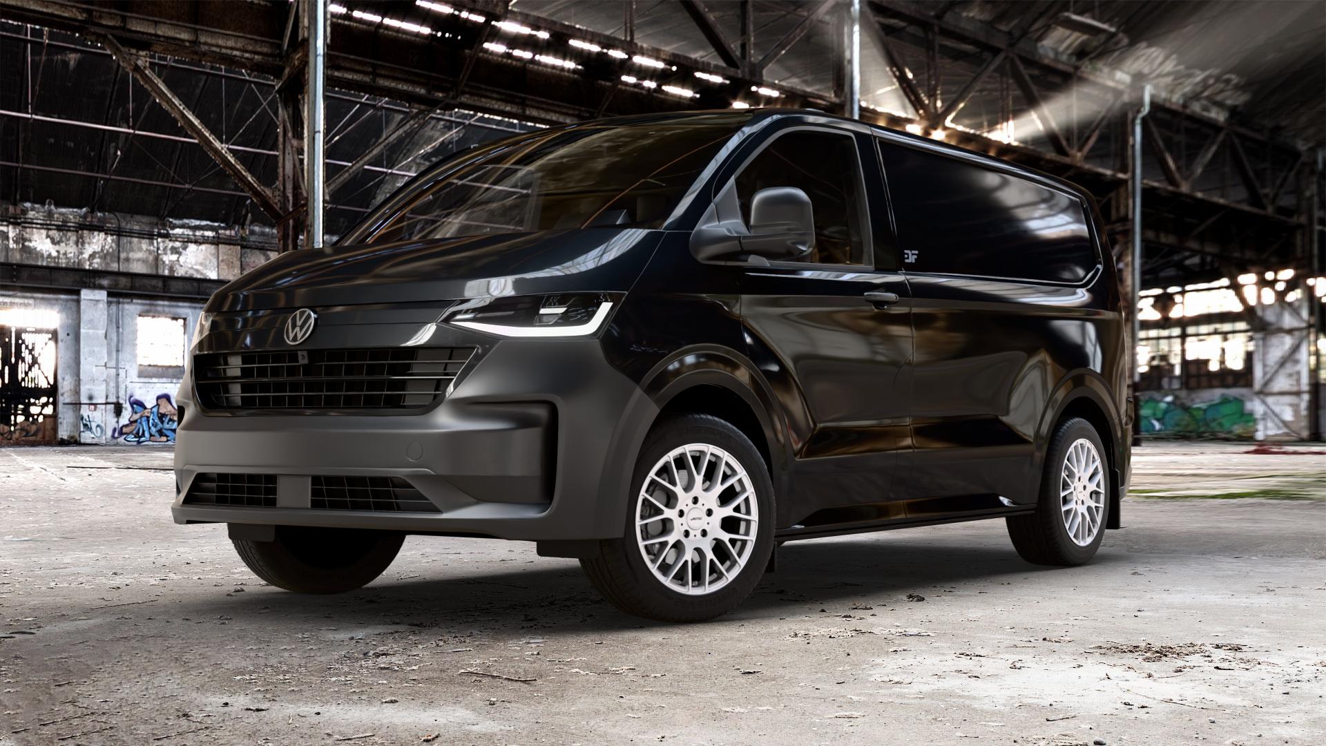 AUTEC Nimah Brillantsilber Felge mit Reifen in 18Zoll Winterfelge Alufelge auf schwarzem Volkswagen (VW) T7 Transporter ⬇️ mit 15mm Tieferlegung ⬇️ Old Industrial Hall_max_5300mm_2024 Frontansicht_1