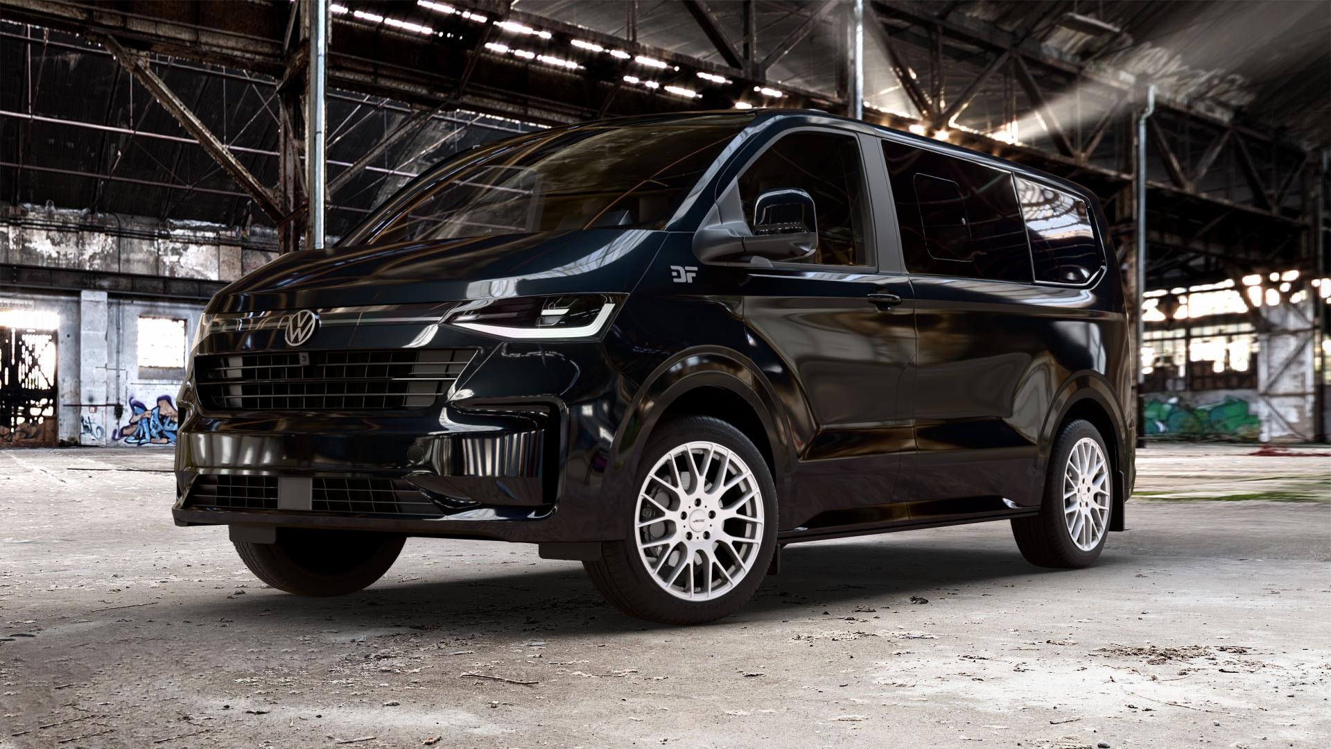 AUTEC Nimah Brillantsilber Felge mit Reifen in 19Zoll Winterfelge Alufelge auf schwarzem Volkswagen (VW) T7 Caravelle ⬇️ mit 15mm Tieferlegung ⬇️ Old Industrial Hall_max_5300mm_2024 Frontansicht_1
