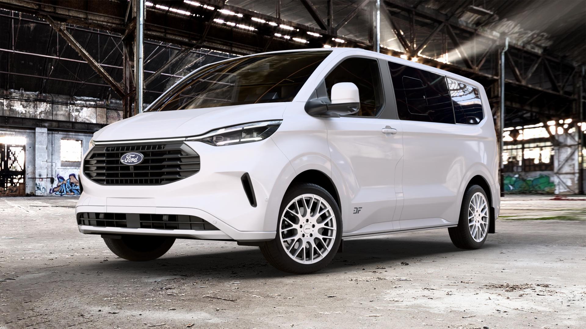 AUTEC Nimah Brillantsilber Felge mit Reifen in 19Zoll Winterfelge Alufelge auf weissem Ford Tourneo Custom Typ NXN ⬇️ mit 15mm Tieferlegung ⬇️ Old Industrial Hall_max_5300mm_2024 Frontansicht_1