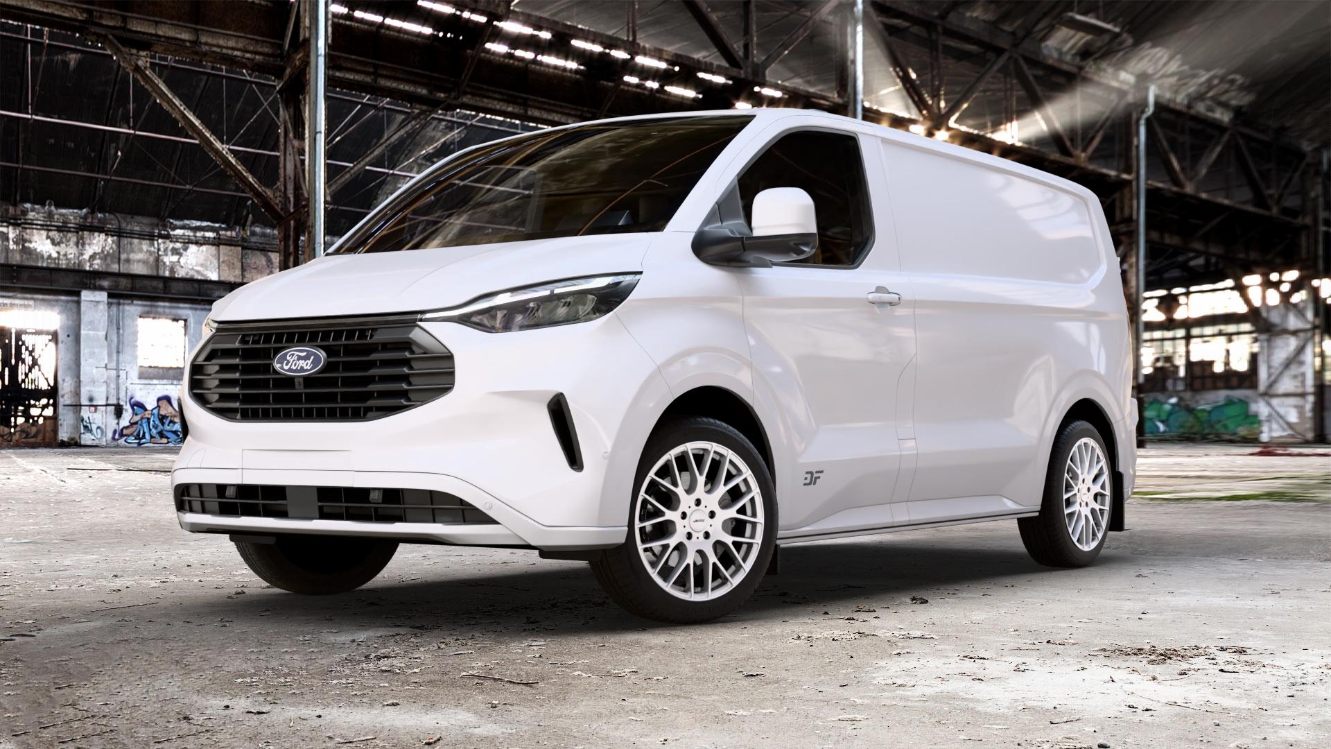 AUTEC Nimah Brillantsilber Felge mit Reifen in 19Zoll Winterfelge Alufelge auf weissem Ford Transit Custom Typ NRN ⬇️ mit 15mm Tieferlegung ⬇️ Old Industrial Hall_max_5300mm_2024 Frontansicht_1