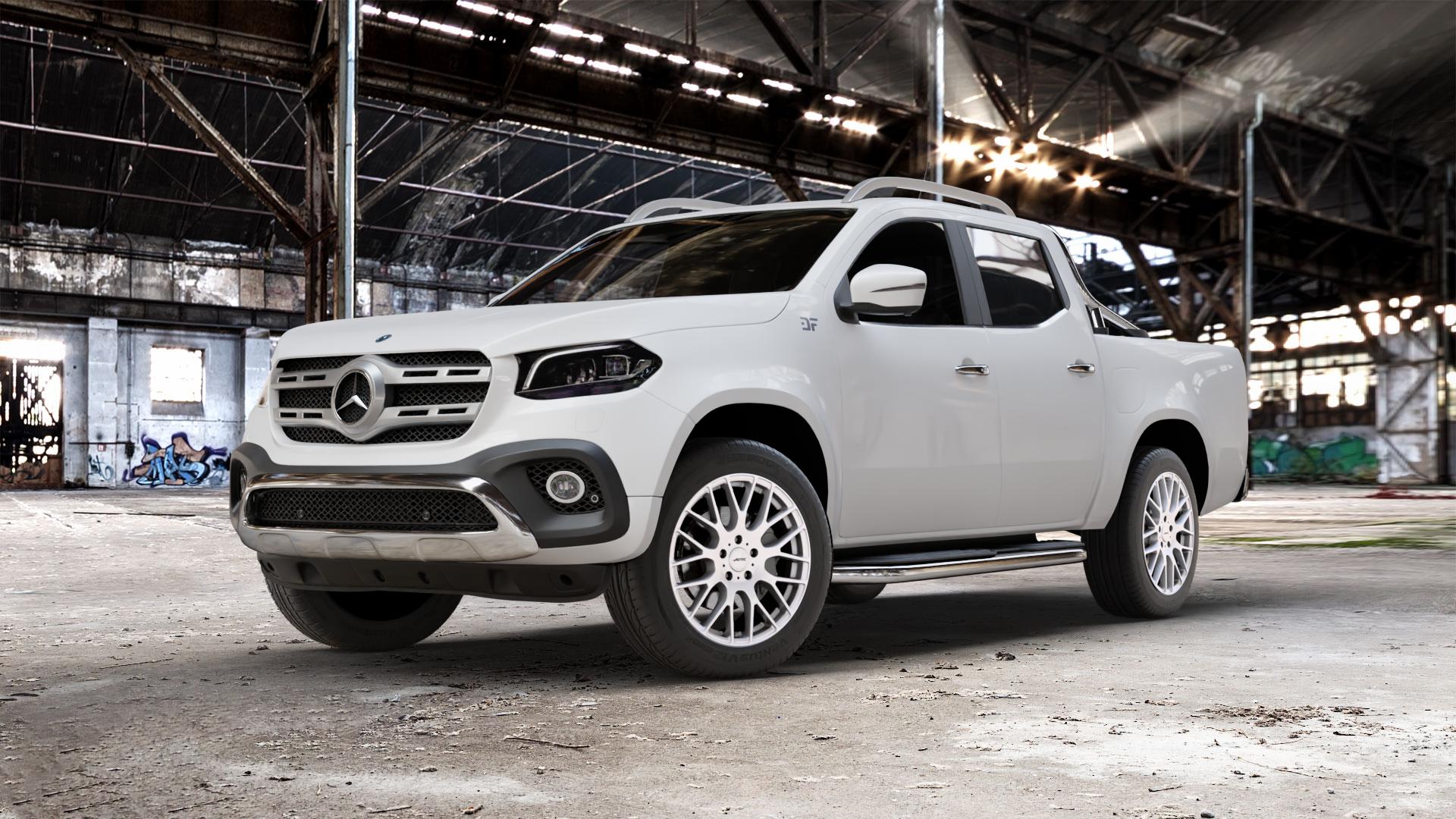 AUTEC Nimah Brillantsilber Felge mit Reifen in 19Zoll Winterfelge Alufelge auf weissem Mercedes X-Klasse ⬇️ mit 15mm Tieferlegung ⬇️ Old Industrial Hall_max_5300mm_2024 Frontansicht_1