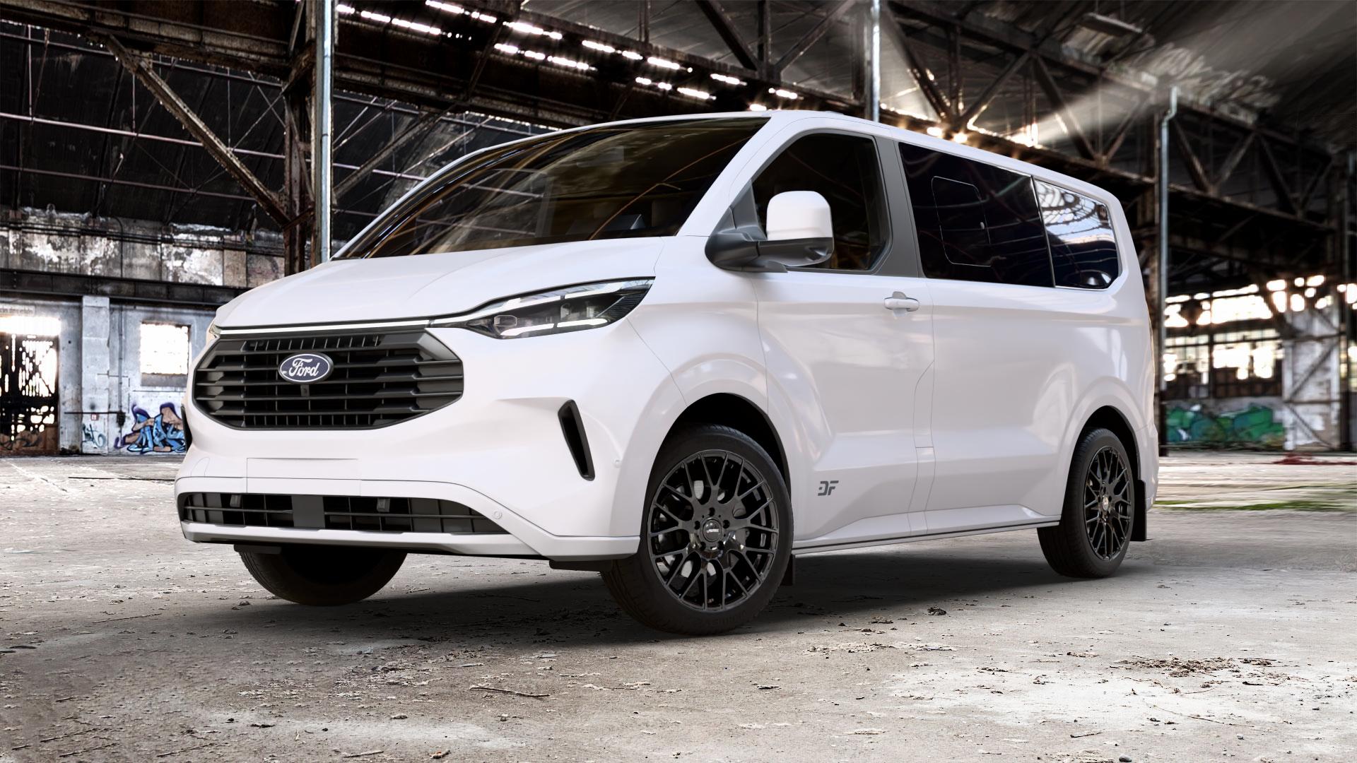 AUTEC Nimah Schwarz Felge mit Reifen in 19Zoll Winterfelge Alufelge auf weissem Ford Tourneo Custom Typ NXN ⬇️ mit 15mm Tieferlegung ⬇️ Old Industrial Hall_max_5300mm_2024 Frontansicht_1
