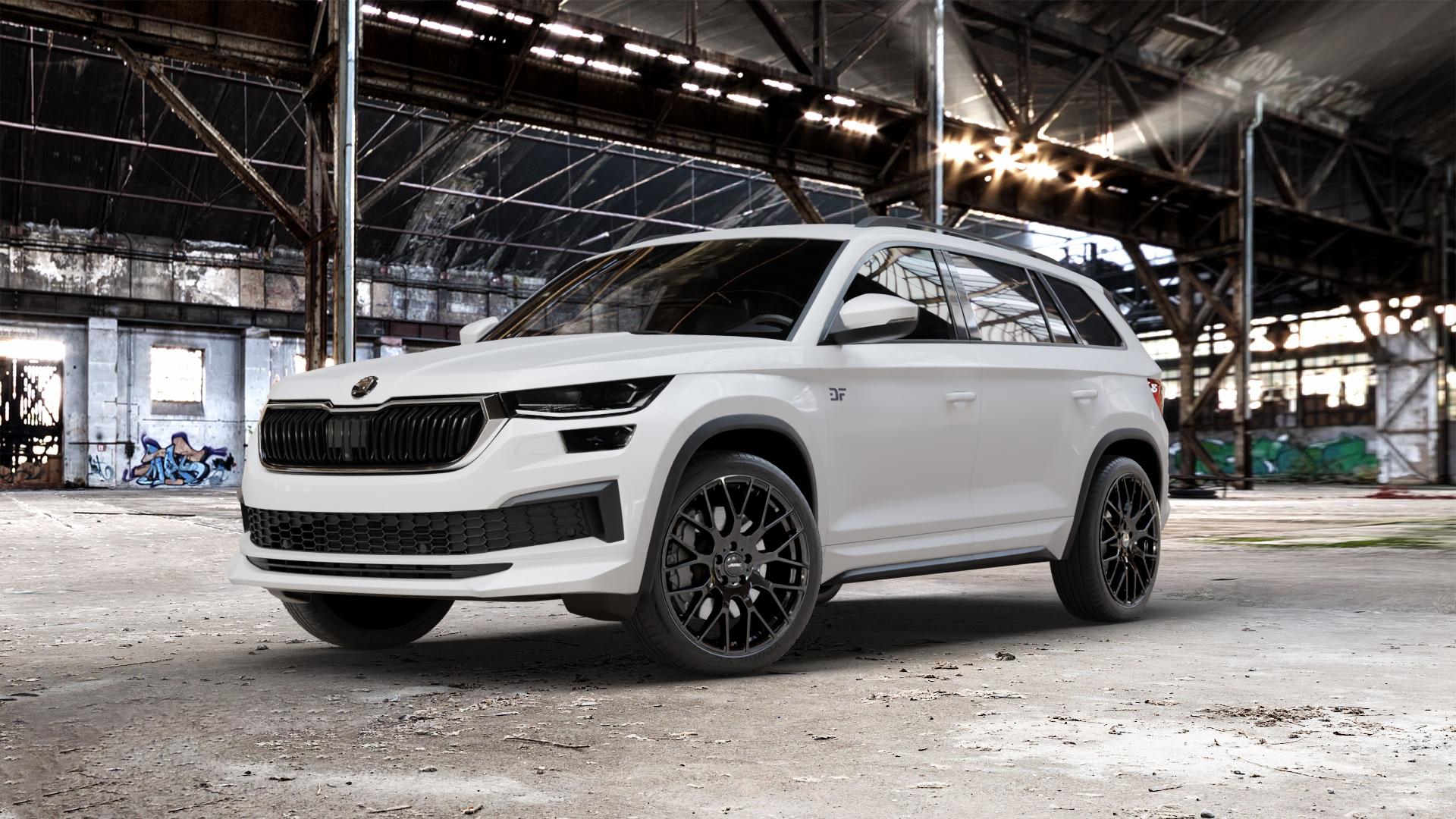 AUTEC Nimah Schwarz Felge mit Reifen in 20Zoll Winterfelge Alufelge auf weissem Skoda Kodiaq Typ NS Facelift ⬇️ mit 15mm Tieferlegung ⬇️ Old Industrial Hall_max_5300mm_2024 Frontansicht_1