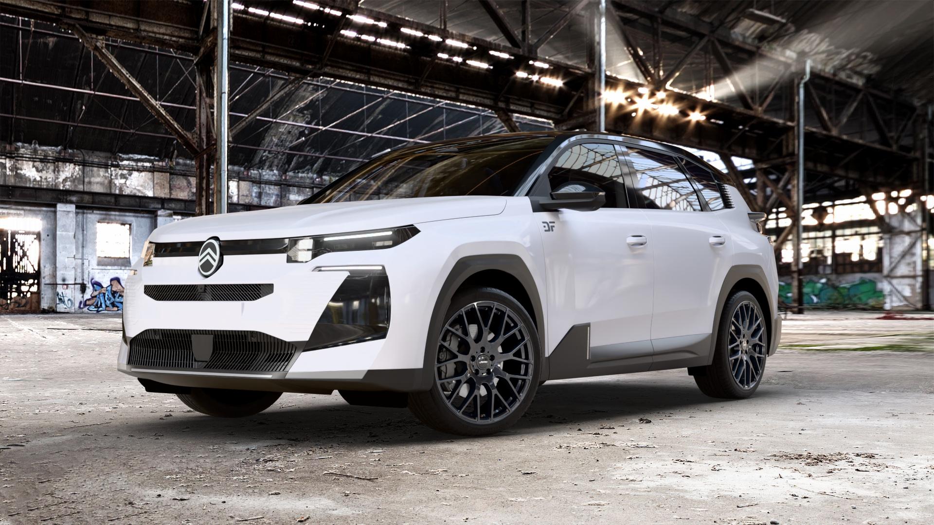 AUTEC Nimah Schwarz Felge mit Reifen in 21Zoll Winterfelge Alufelge auf weissem Citroen C5 Aircross Typ K 1,2l 100kW Mild-Hybrid (136 PS) 1,6l 110kW Plug-In-Hybrid (150 0,0l 105kW eC5 (143 104kW (141 ⬇️ mit 15mm Tieferlegung ⬇️ Old Industrial Hall_max_5300mm_2024 Frontansicht_1