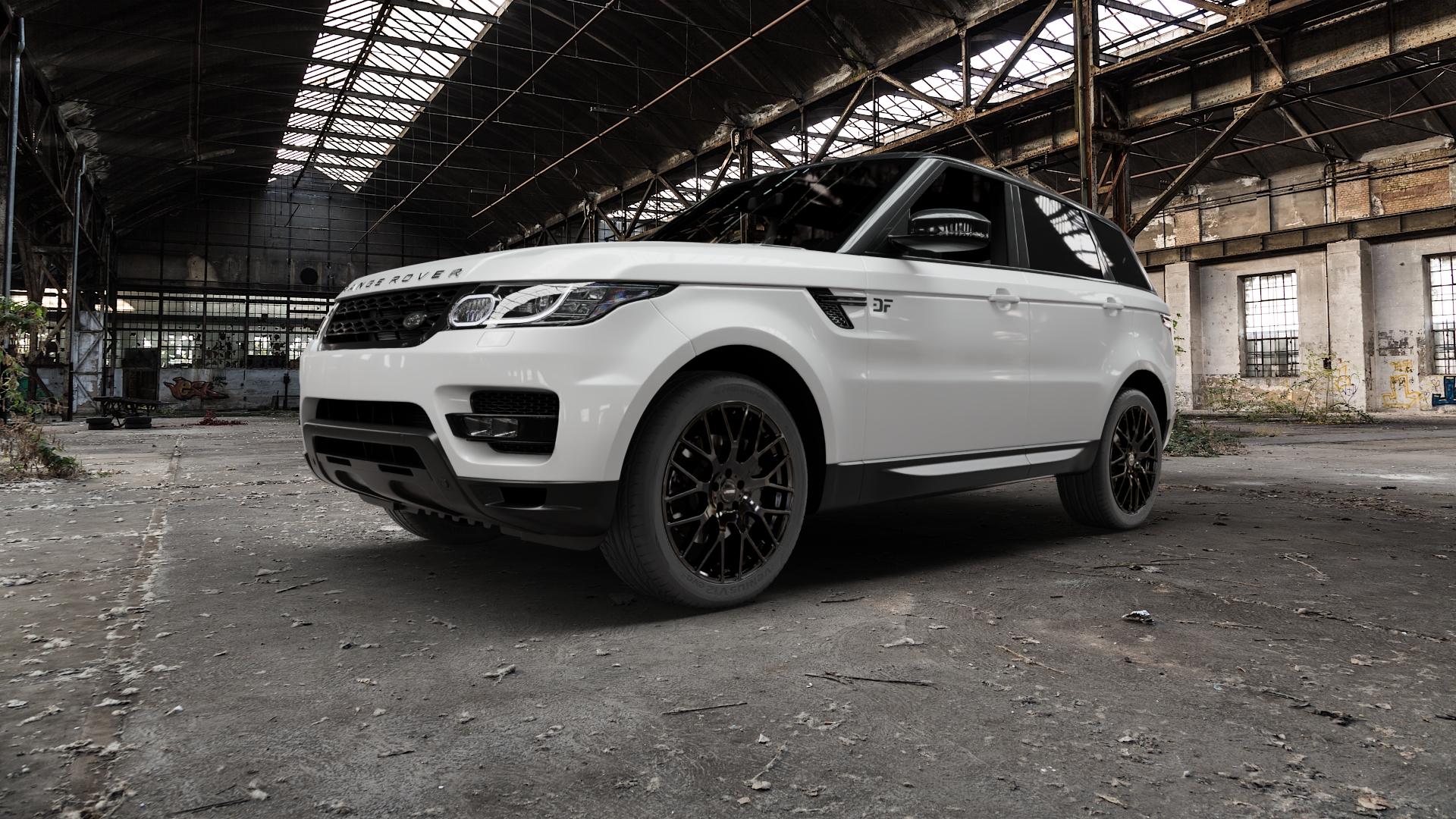 AUTEC Nimah Schwarz Felge mit Reifen in 21Zoll Winterfelge Alufelge auf weissem Land Rover Range Sport Typ LW ⬇️ mit 15mm Tieferlegung ⬇️ Old Industrial Hall_max5000mm_2022 Frontansicht_1