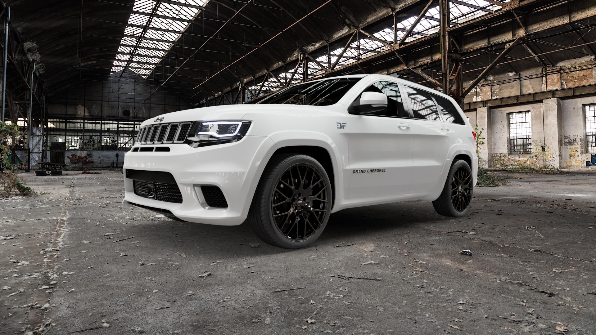 AUTEC Nimah Schwarz Felge mit Reifen in 22Zoll Winterfelge Alufelge auf weissem Jeep Grand Cherokee IV Typ WK Facelift 17 ⬇️ mit 15mm Tieferlegung ⬇️ Old Industrial Hall_max5000mm_2022 Frontansicht_1