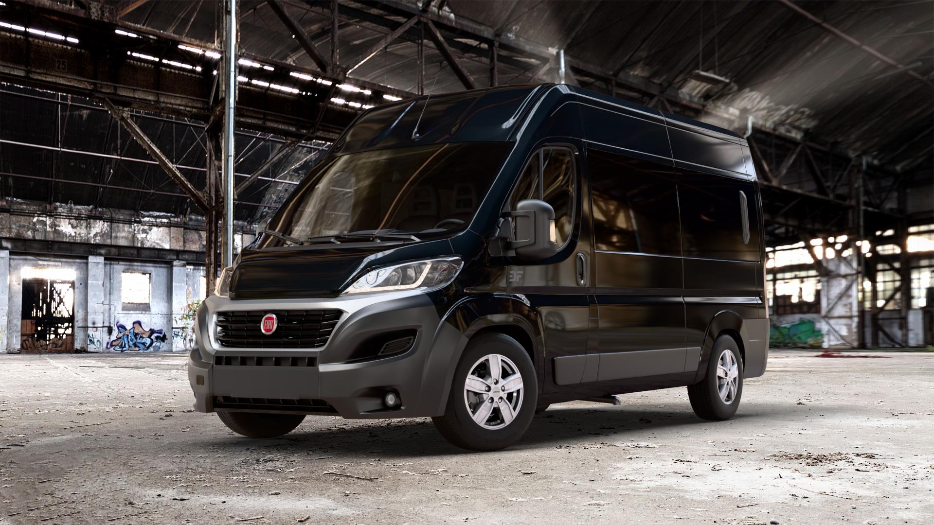 AUTEC Quantro Brillantsilber Felge mit Reifen in 16Zoll Winterfelge Alufelge auf schwarzem metallic Fiat Ducato Bus Typ 250 Facelift ⬇️ mit 15mm Tieferlegung ⬇️ Old Industrial Hall_max_7000mm_2024 Frontansicht_1