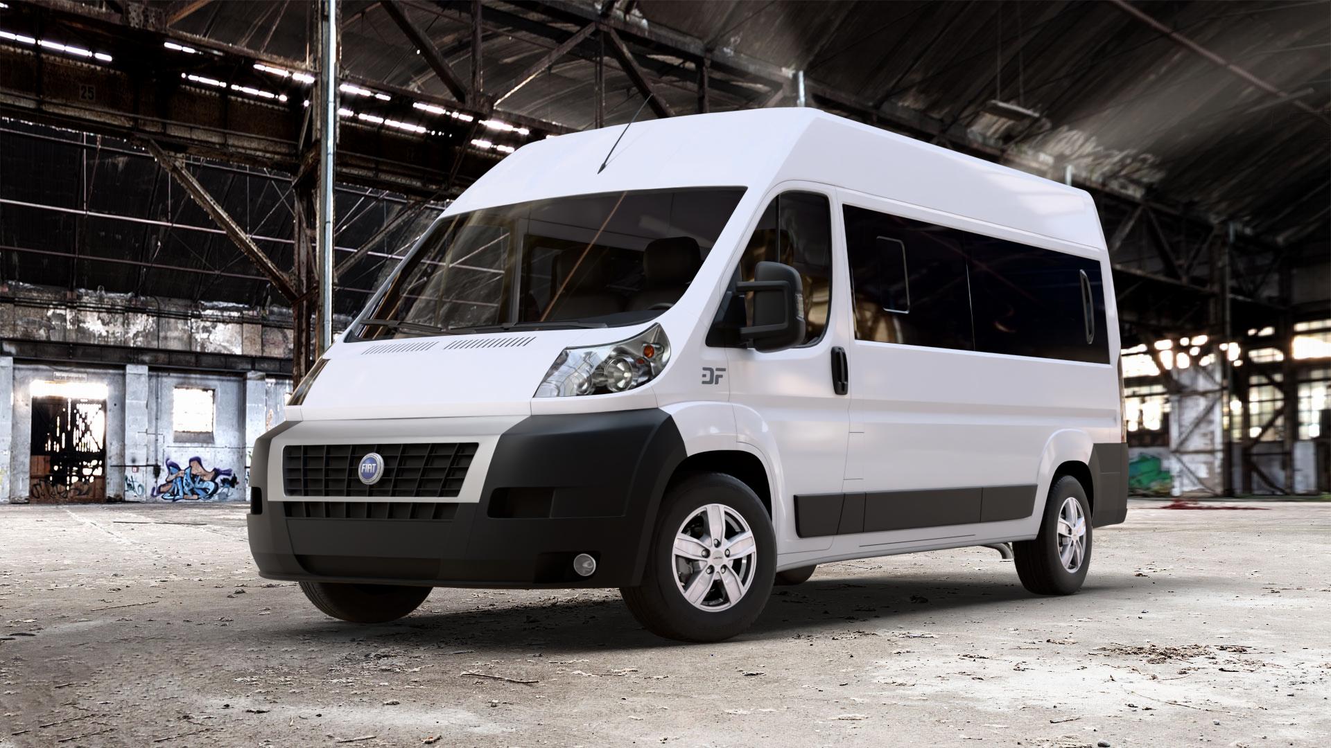 AUTEC Quantro Brillantsilber Felge mit Reifen in 16Zoll Winterfelge Alufelge auf weissem Fiat Ducato Bus Typ 250 ⬇️ mit 15mm Tieferlegung ⬇️ Old Industrial Hall_max_7000mm_2024 Frontansicht_1