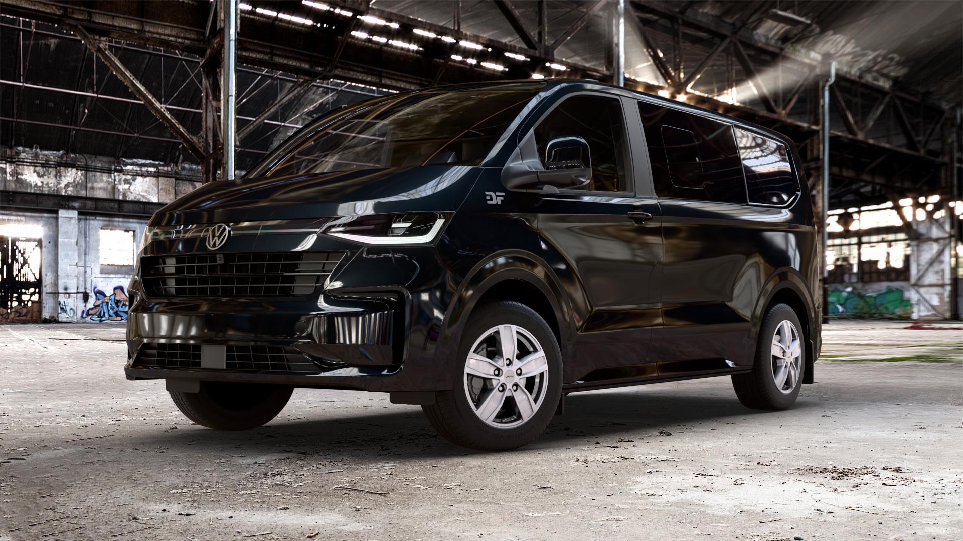 AUTEC Quantro Brillantsilber Felge mit Reifen in 17Zoll Winterfelge Alufelge auf schwarzem Volkswagen (VW) T7 Caravelle ⬇️ mit 15mm Tieferlegung ⬇️ Old Industrial Hall_max_5300mm_2024 Frontansicht_1