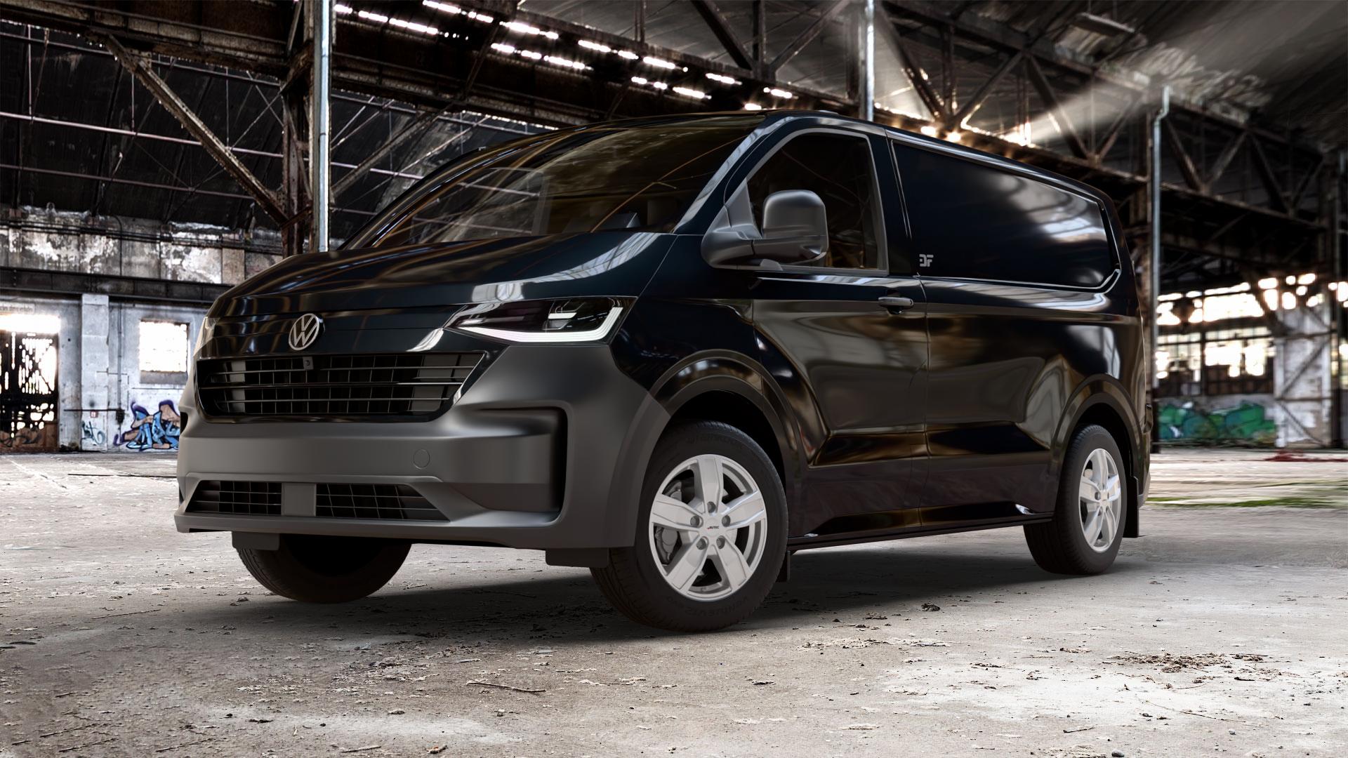 AUTEC Quantro Brillantsilber Felge mit Reifen in 17Zoll Winterfelge Alufelge auf schwarzem Volkswagen (VW) T7 Transporter ⬇️ mit 15mm Tieferlegung ⬇️ Old Industrial Hall_max_5300mm_2024 Frontansicht_1