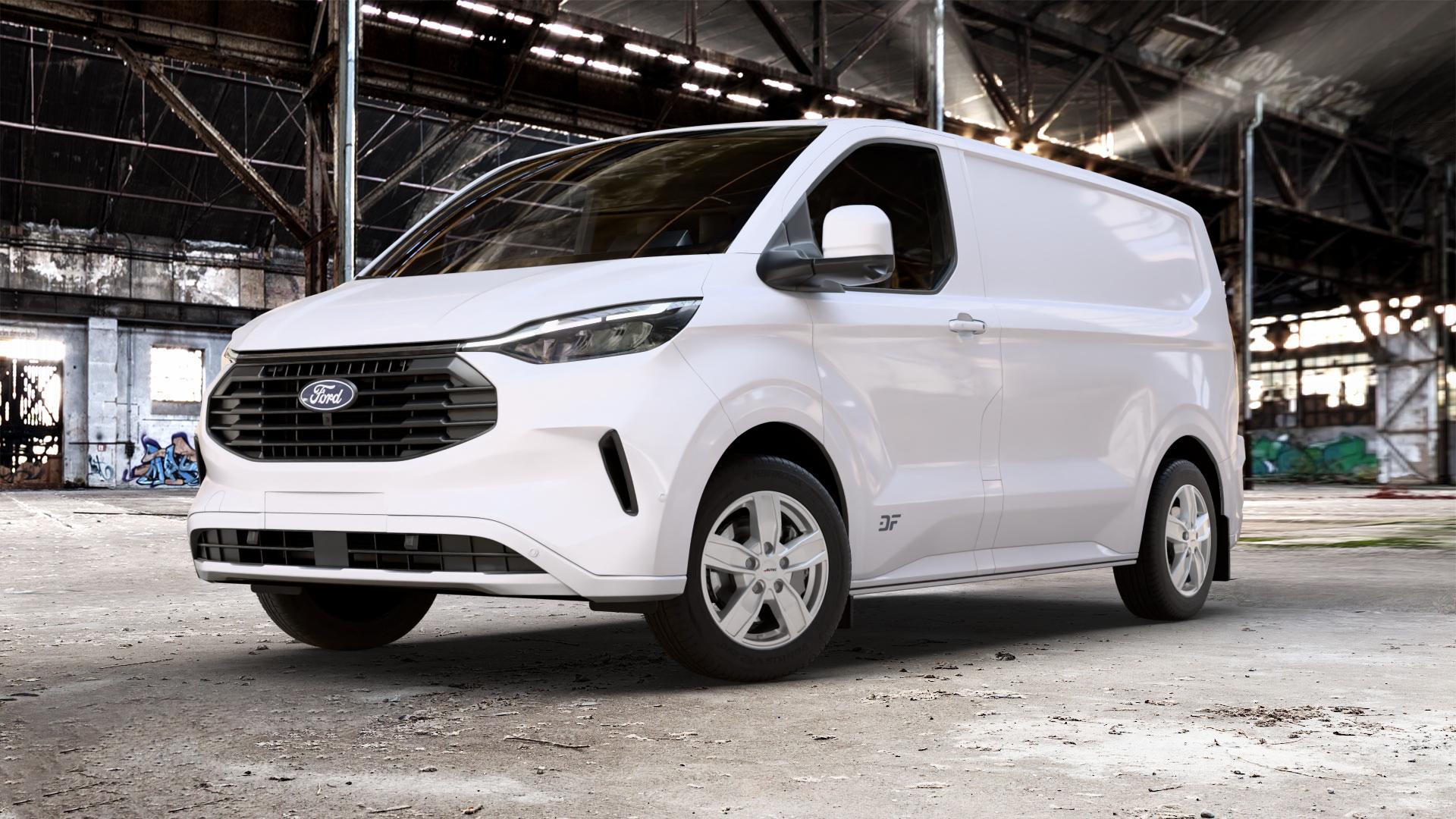AUTEC Quantro Brillantsilber Felge mit Reifen in 17Zoll Winterfelge Alufelge auf weissem Ford Transit Custom Typ NRN ⬇️ mit 15mm Tieferlegung ⬇️ Old Industrial Hall_max_5300mm_2024 Frontansicht_1
