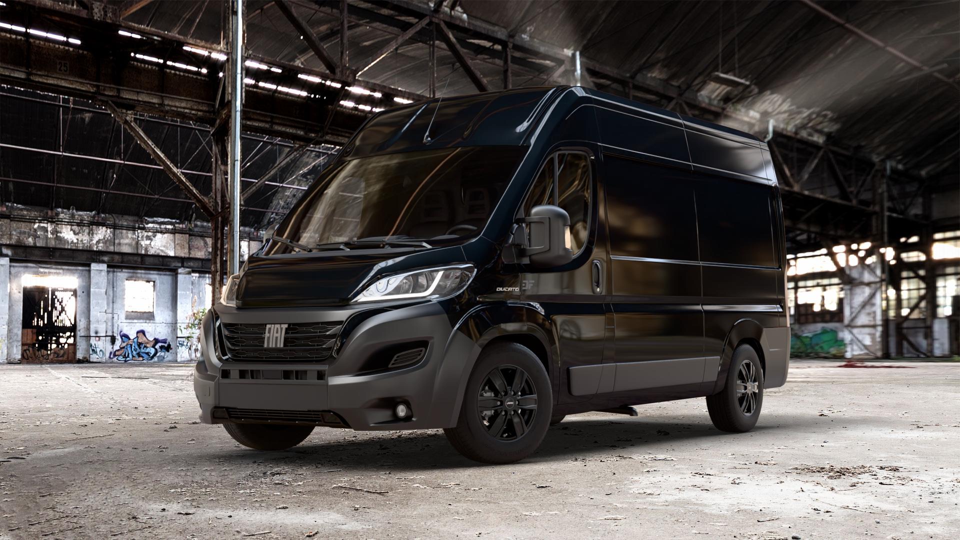 AUTEC Quantro Schwarz matt Felge mit Reifen in 16Zoll Winterfelge Alufelge auf schwarzem metallic Fiat Ducato Kasten Typ 250 Facelift 22-> ⬇️ mit 15mm Tieferlegung ⬇️ Old Industrial Hall_max_7000mm_2024 Frontansicht_1