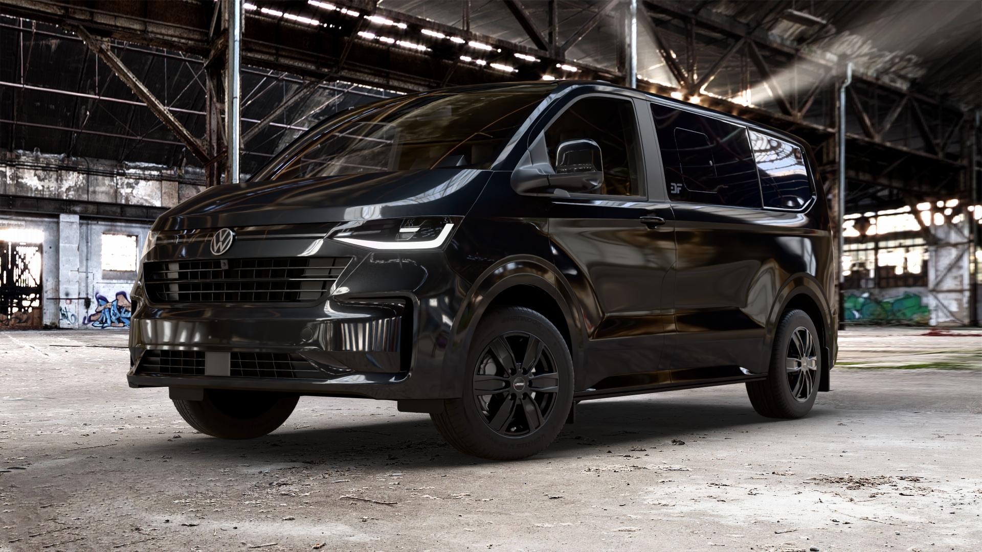 AUTEC Quantro Schwarz matt Felge mit Reifen in 17Zoll Winterfelge Alufelge auf schwarzem Volkswagen (VW) T7 Caravelle ⬇️ mit 15mm Tieferlegung ⬇️ Old Industrial Hall_max_5300mm_2024 Frontansicht_1